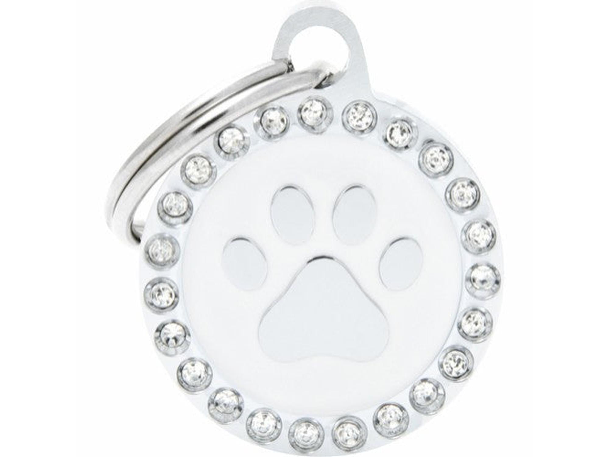 MyFamily Glam sirkel med hvit pote ID-brikke til hund og katt – graverbar navnebrikke