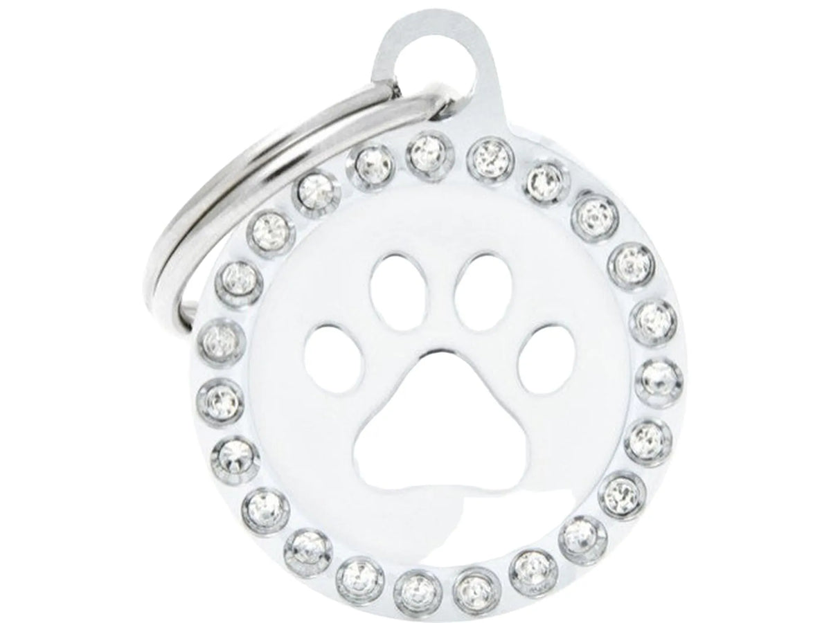 MyFamily Glam sirkel med hvit pote ID-brikke til hund og katt – graverbar navnebrikke