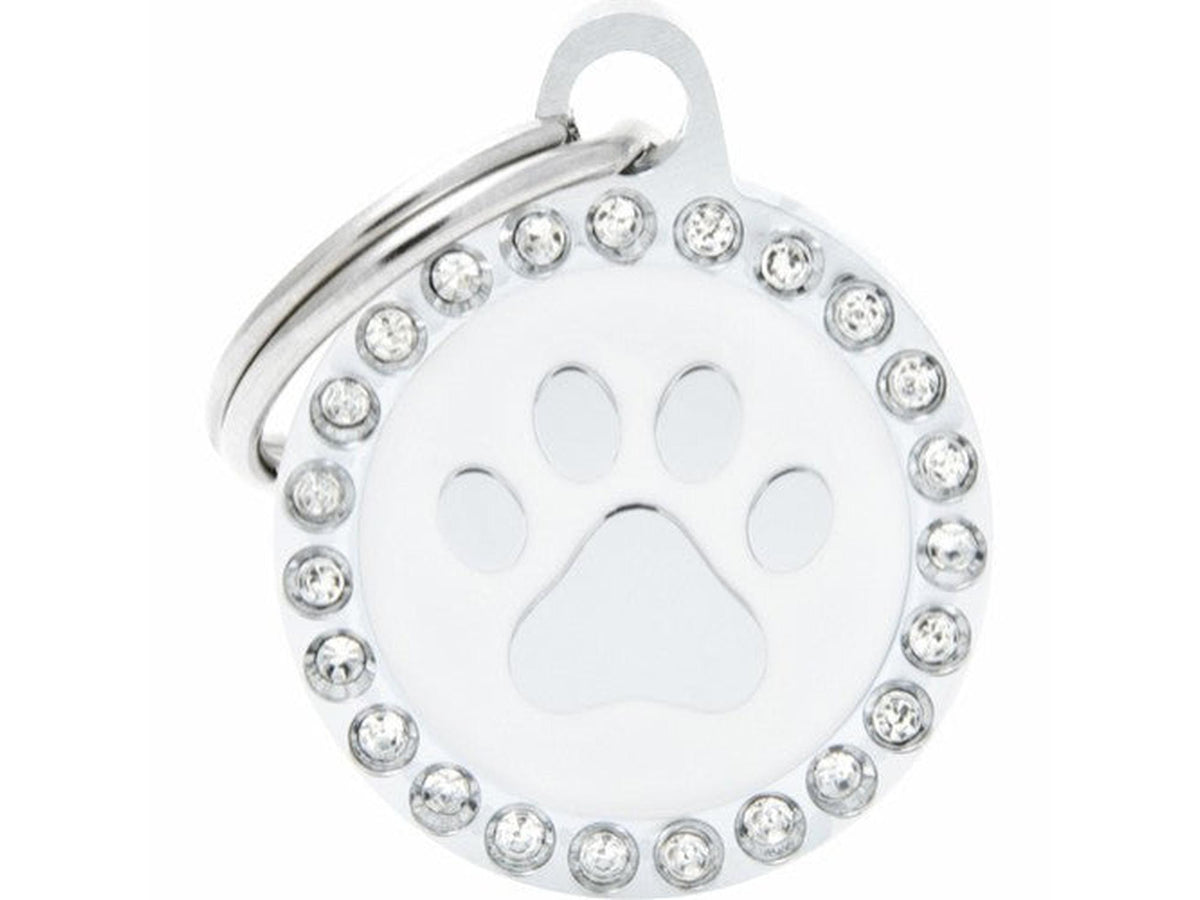 MyFamily Glam sirkel med hvit pote ID-brikke til hund og katt – graverbar navnebrikke