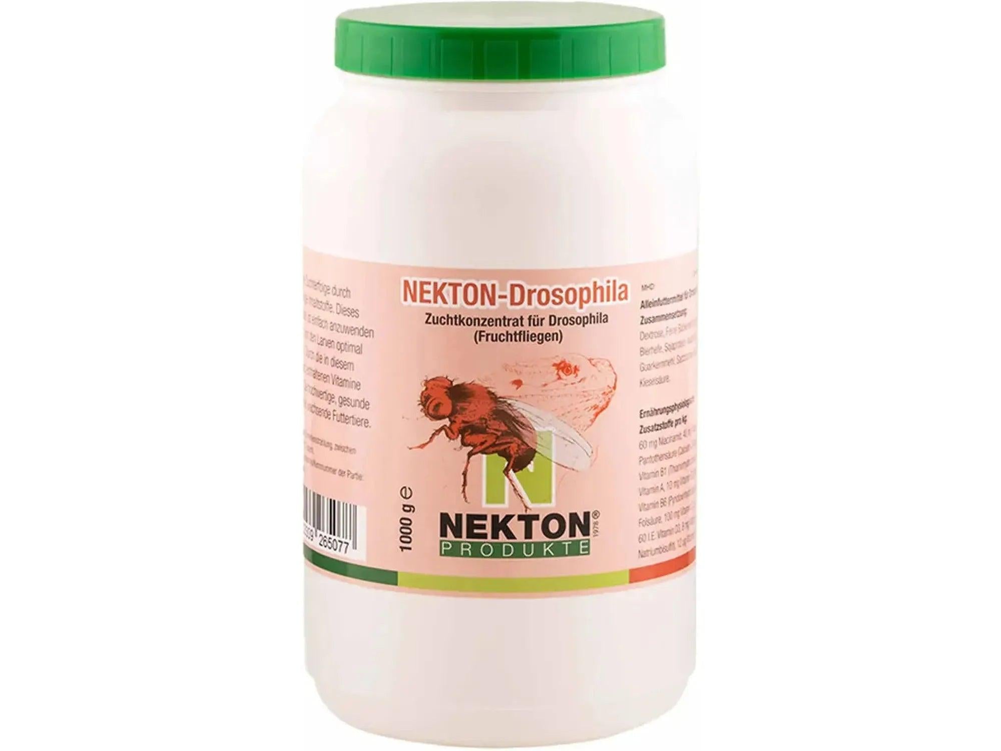 Hvit NEKTON-Drosophila 1 kg kulturbase for bananfluer med grønt lokk og etikett som viser en flue.