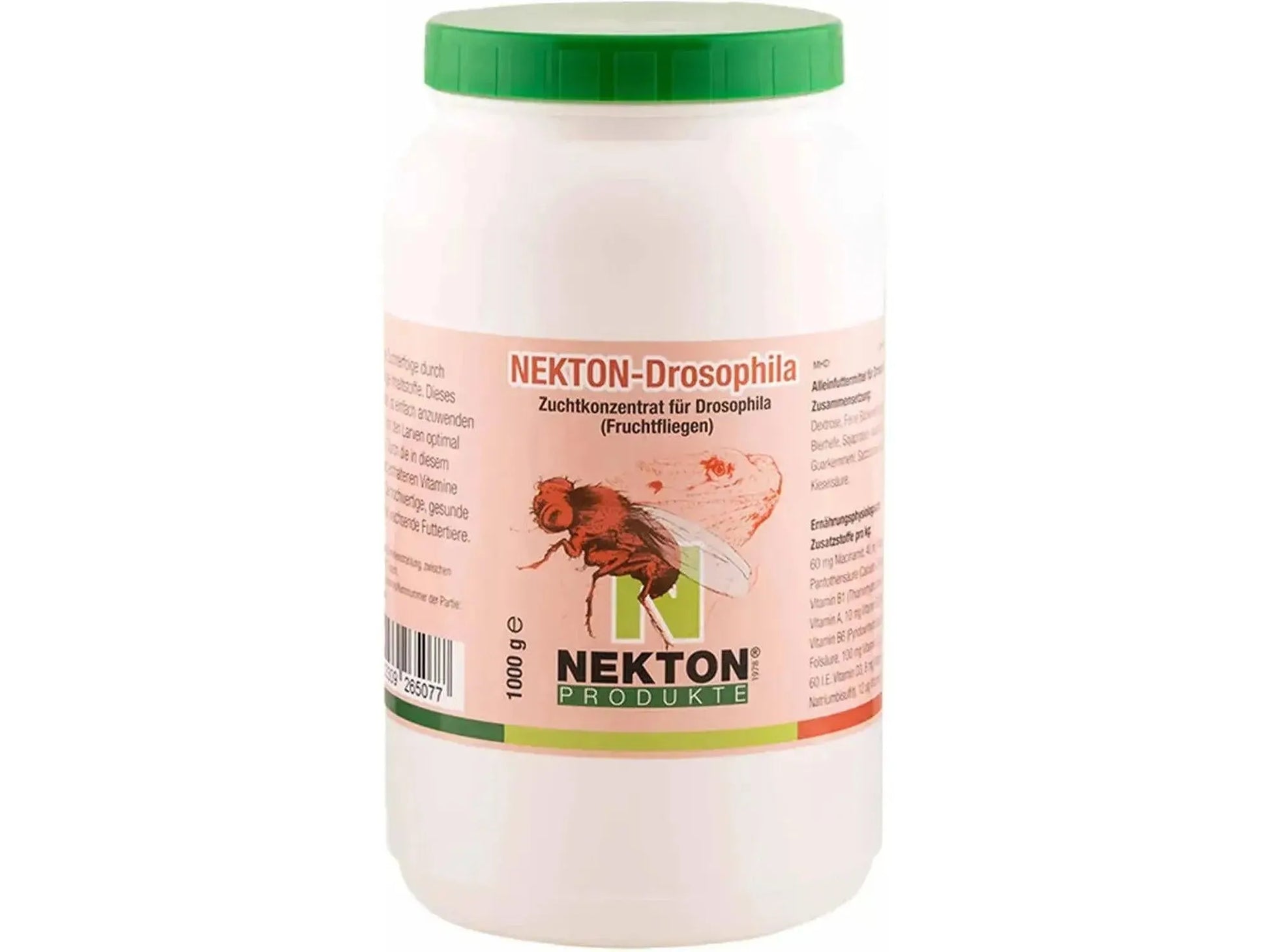 Hvit NEKTON-Drosophila 1 kg kulturbase for bananfluer med grønt lokk og etikett som viser en flue.
