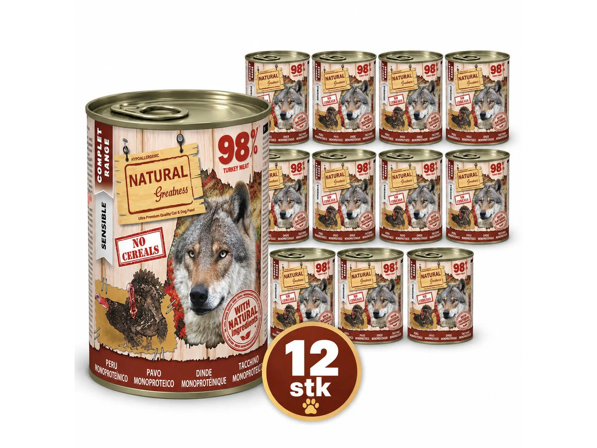 Natural Greatness 98 % Monoprotein Turkey – Våtfôr hund | 12 × 400 g