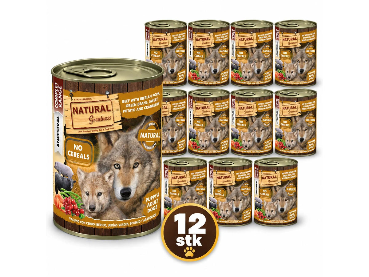 Natural Greatness Beef & Iberian Pork – Komplett våtfôr hund | 12 × 400 g