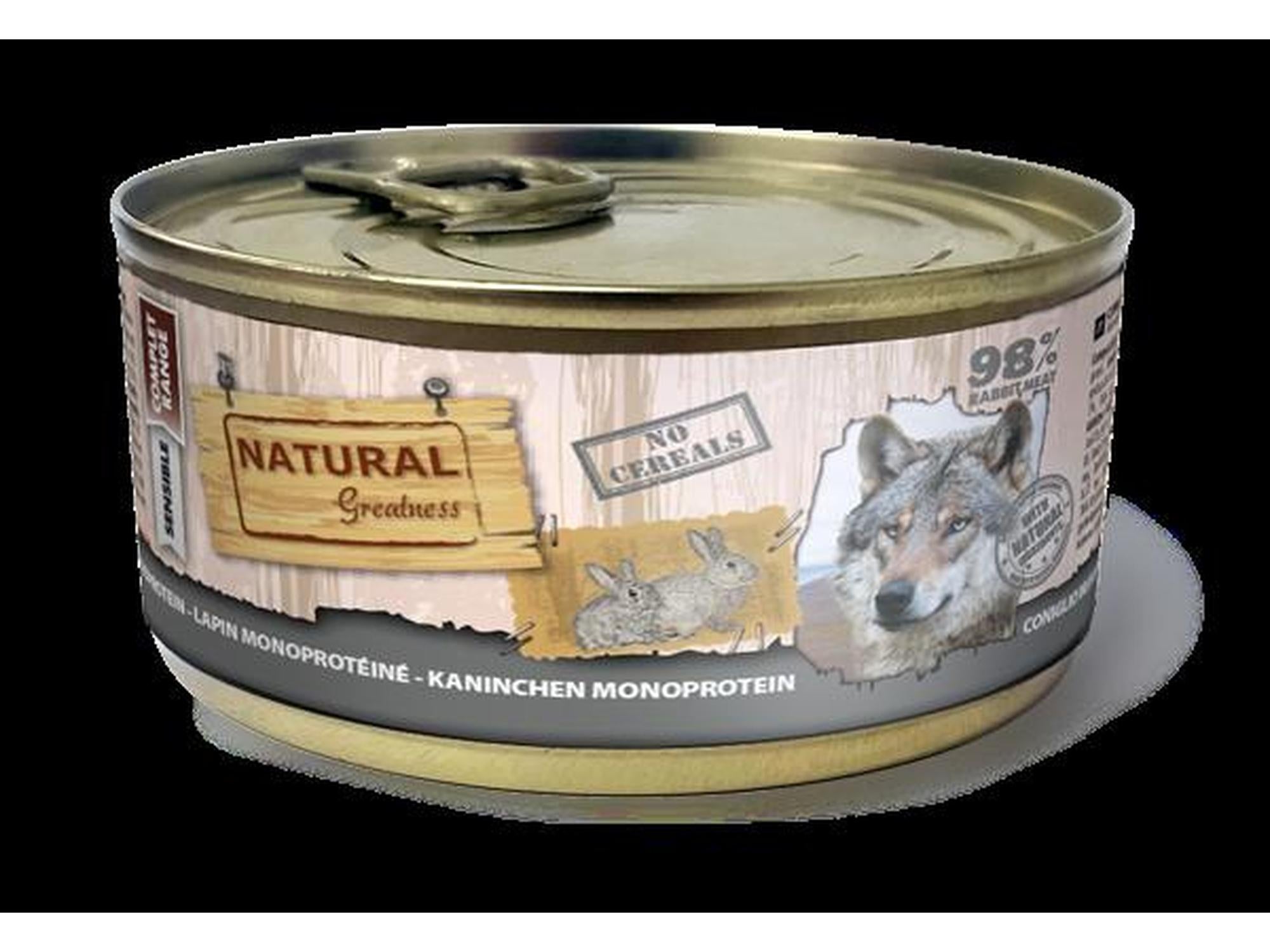 Natural Greatness Rabbit Monoprotein våtfôr for hund, en brun og gull hermetikkboks med ulv og kaniner.
