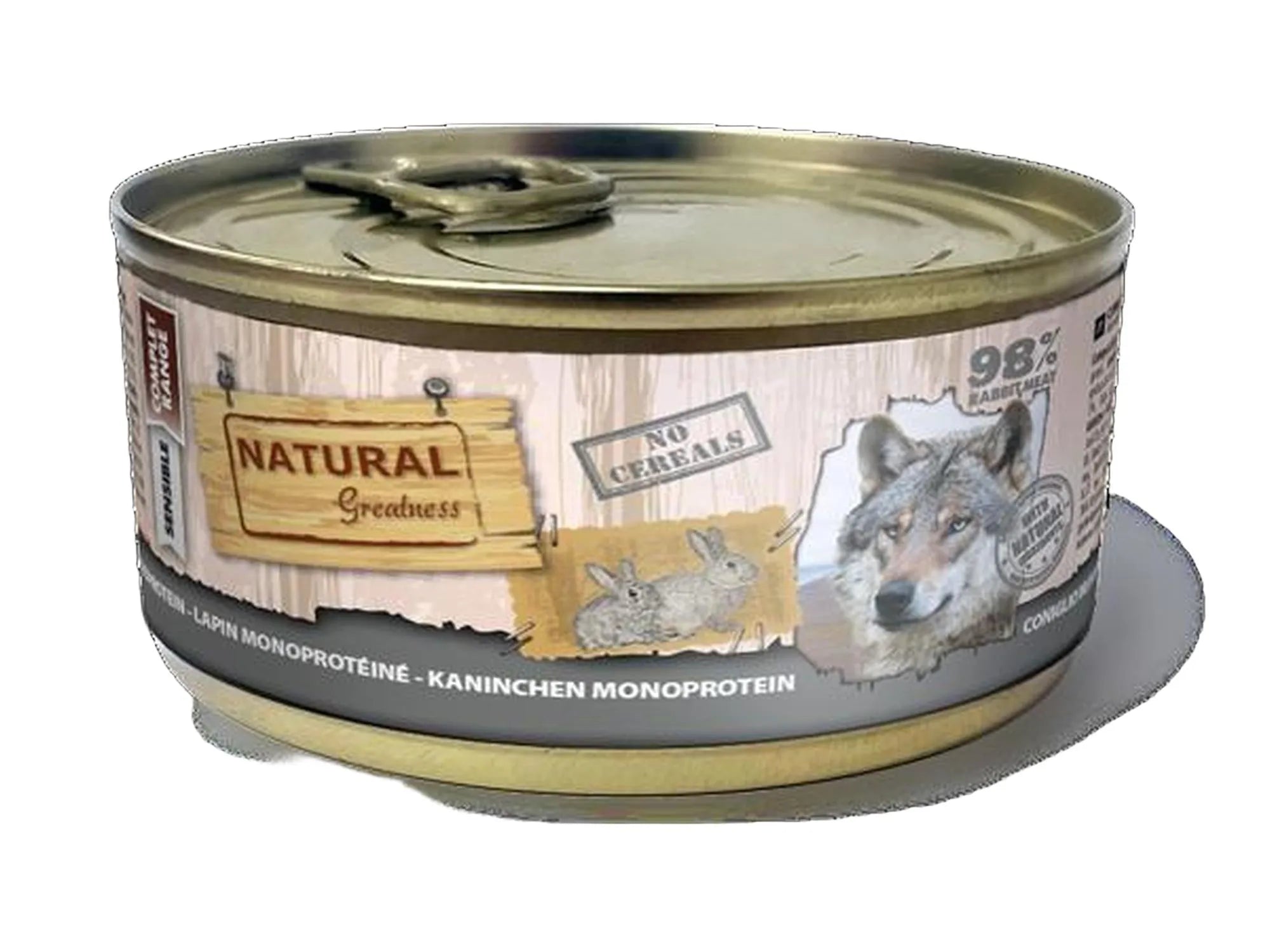 Natural Greatness Rabbit Monoprotein våtfôr for hund, en brun og gull hermetikkboks med ulv og kaniner.
