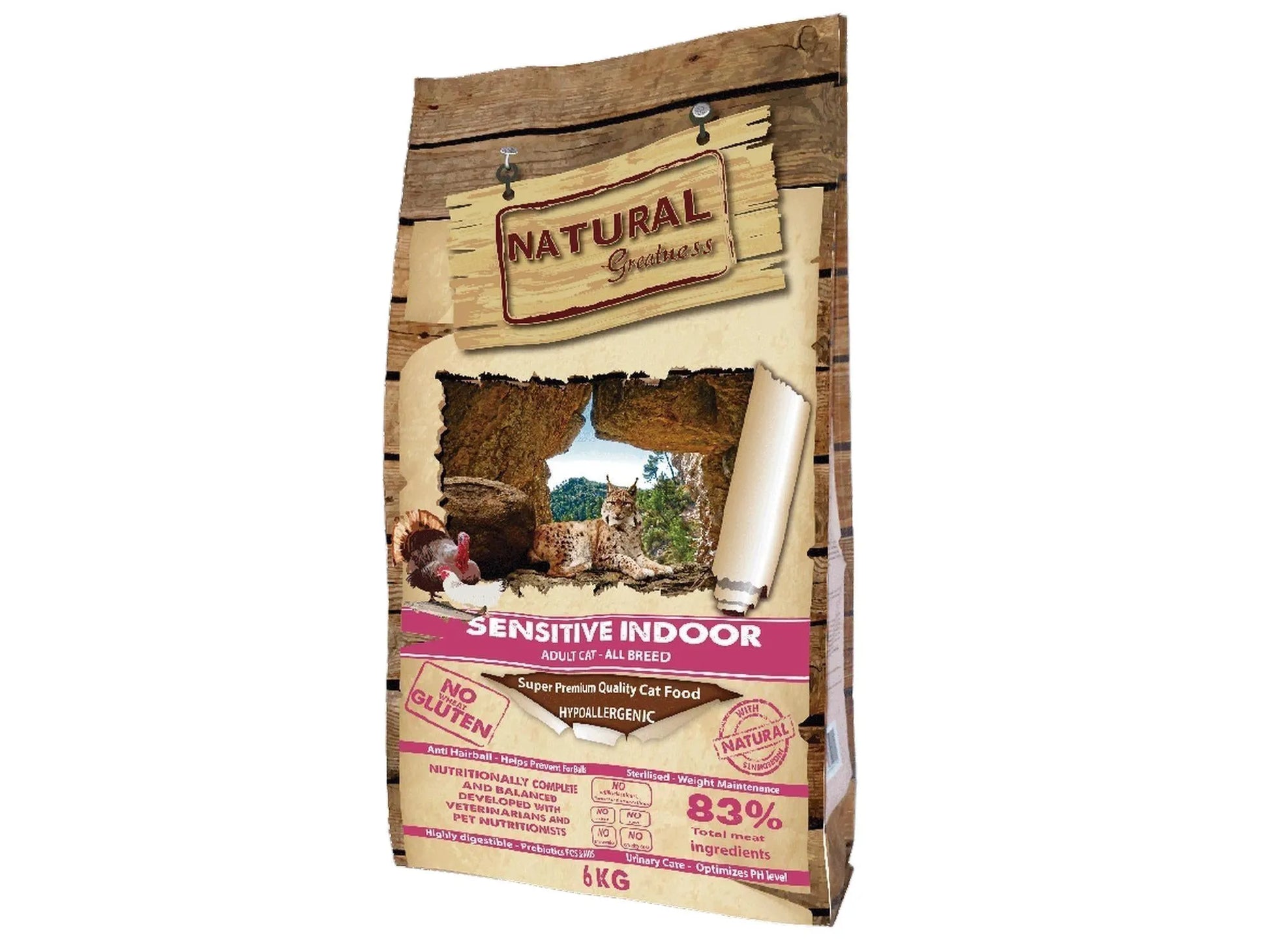 Natural Greatness Sensitive Indoor 6kg kattefôr i brun pose med tretekstur, rosa og hvit tekst.