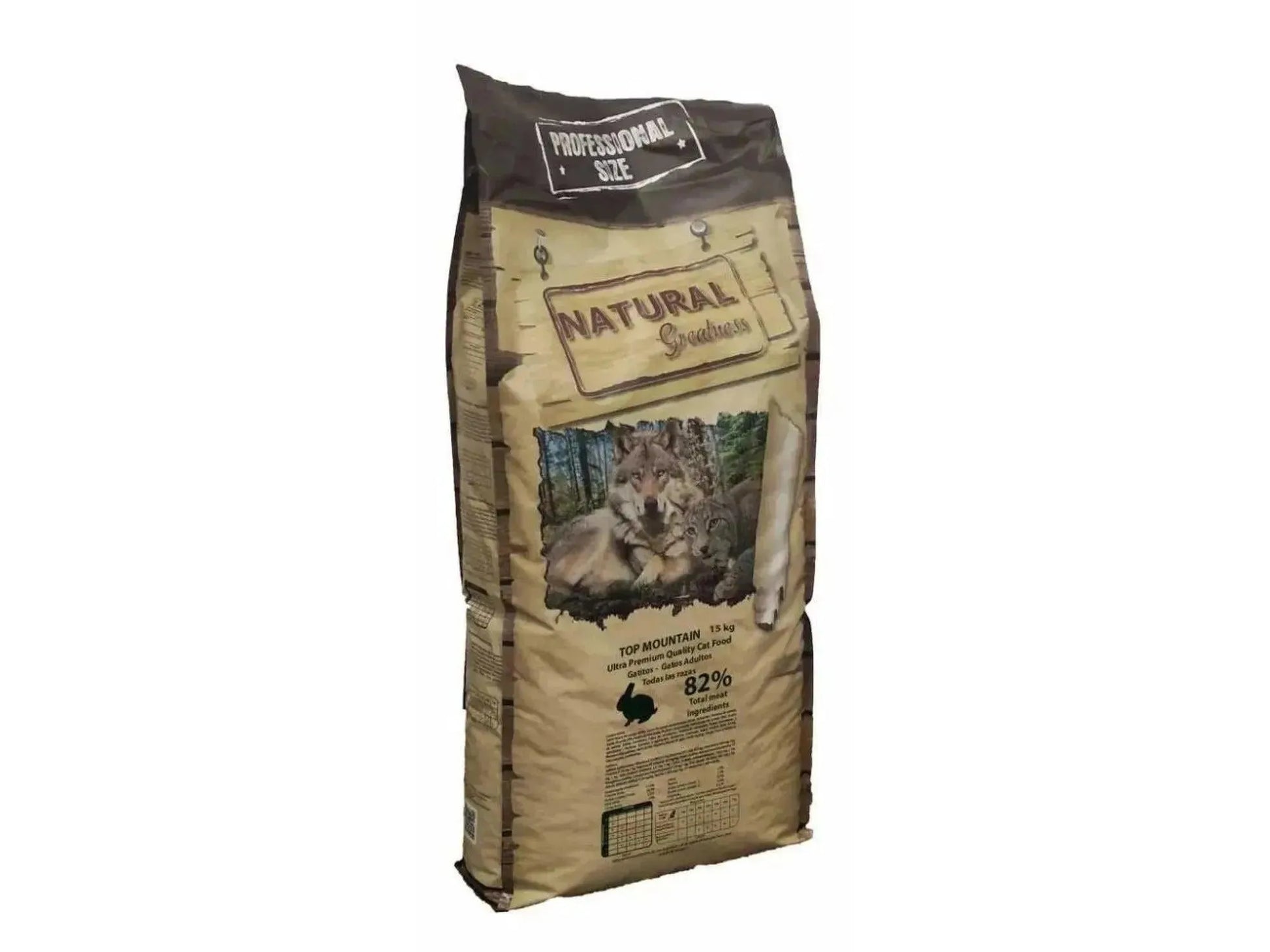 Natural Greatness Top Mountain 1.5 kg kattefôr i brun pose med ulvemotiv.