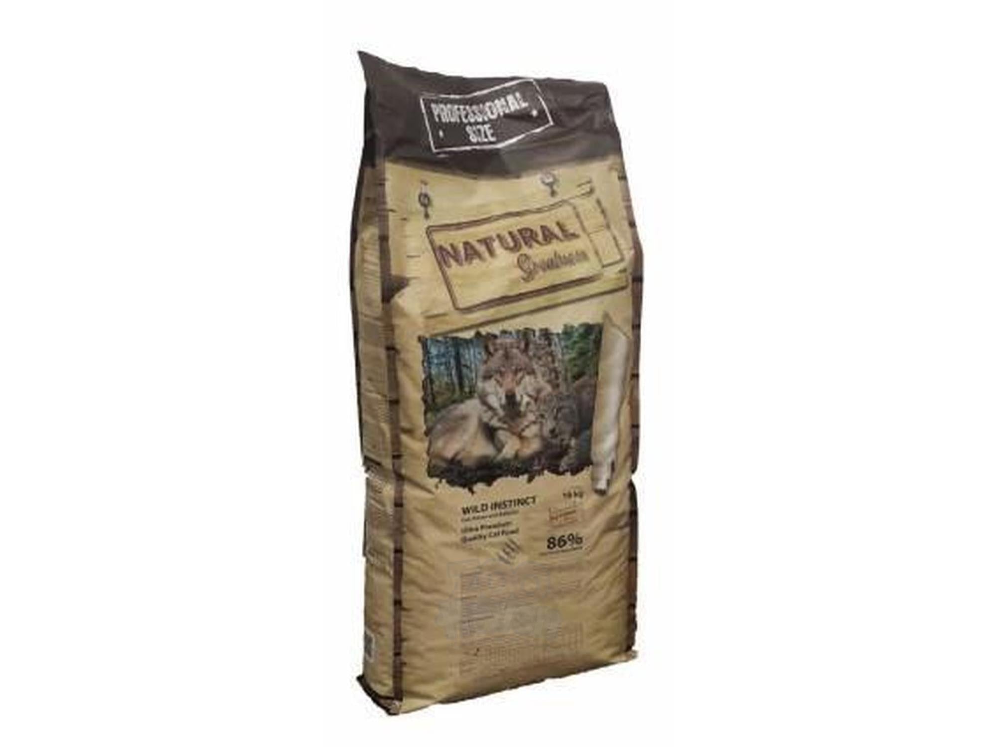 Stor brun pose Natural Greatness Wild Instinct kattefôr med ulvemotiv, 10 kg.