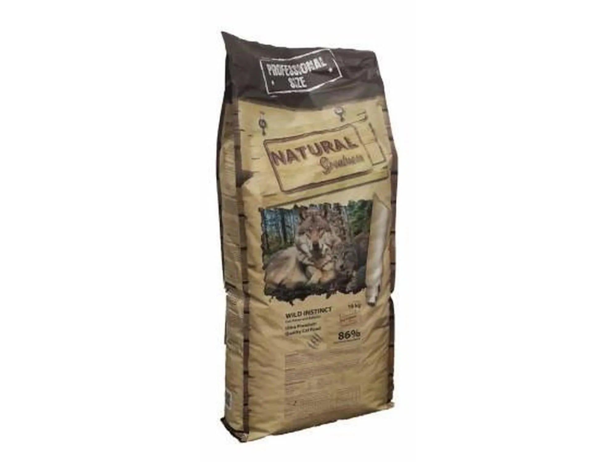 Stor brun pose Natural Greatness Wild Instinct kattefôr med ulvemotiv, 10 kg.