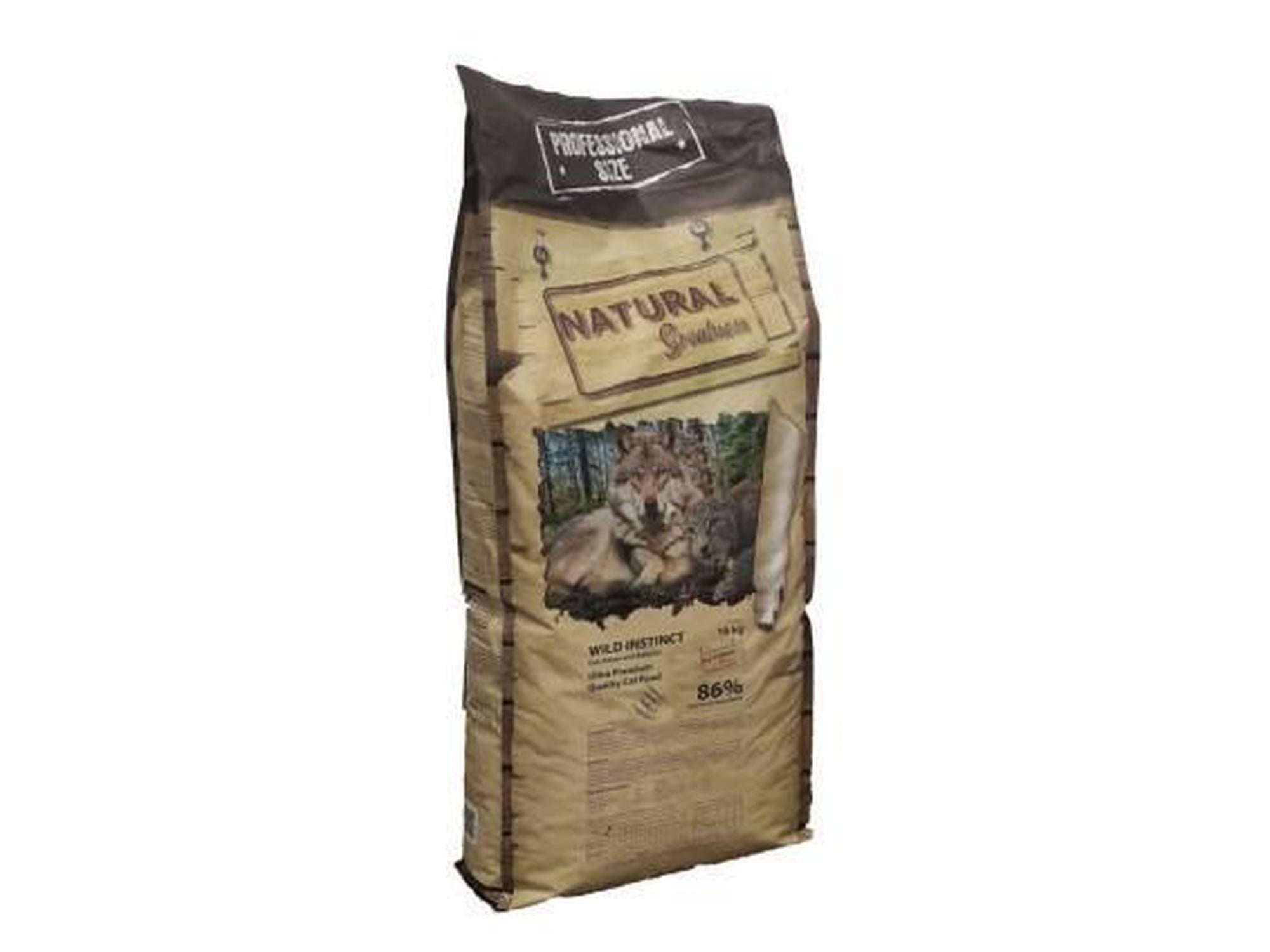 Large brown bag of Natural Greatness Wild Instinct cat food with a wolf image, "Professional Size" and "10 kg".