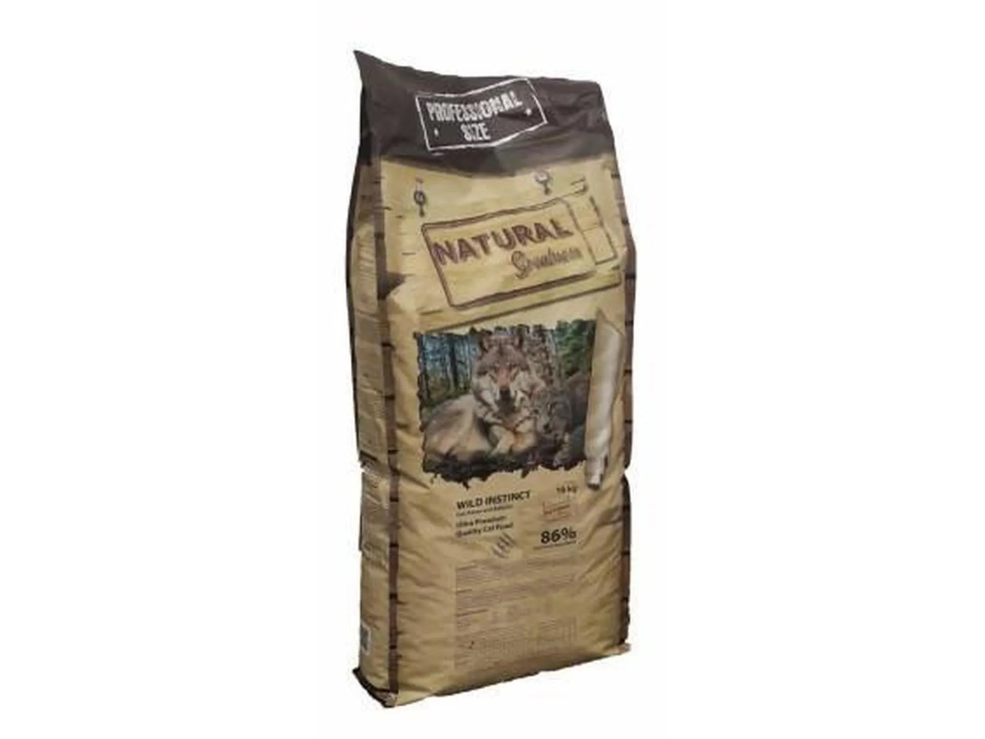 Large brown bag of Natural Greatness Wild Instinct cat food with a wolf image, "Professional Size" and "10 kg".