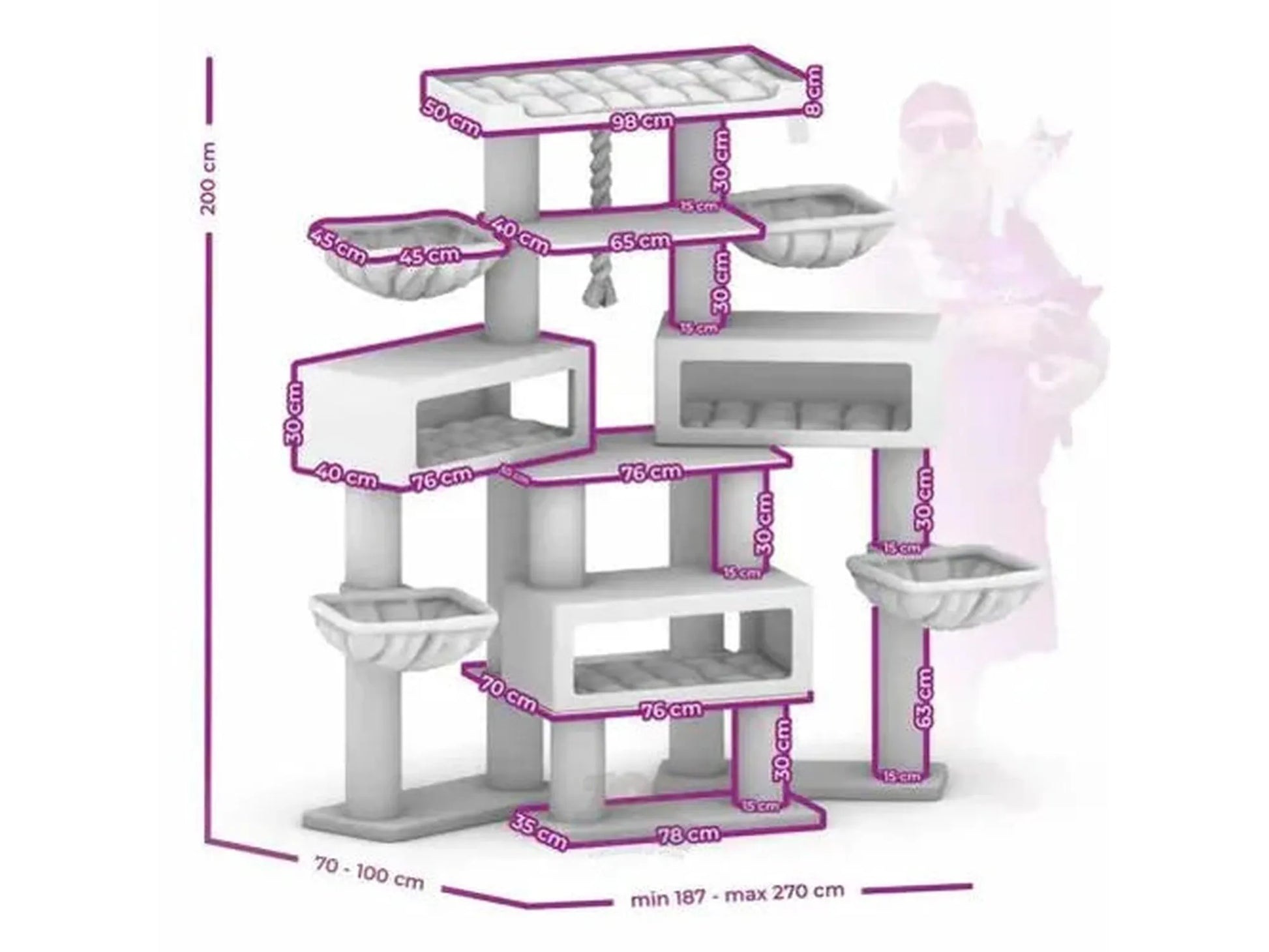 White multi-level cat tree with sisal scratching posts, multiple platforms, beds, and a cat house.