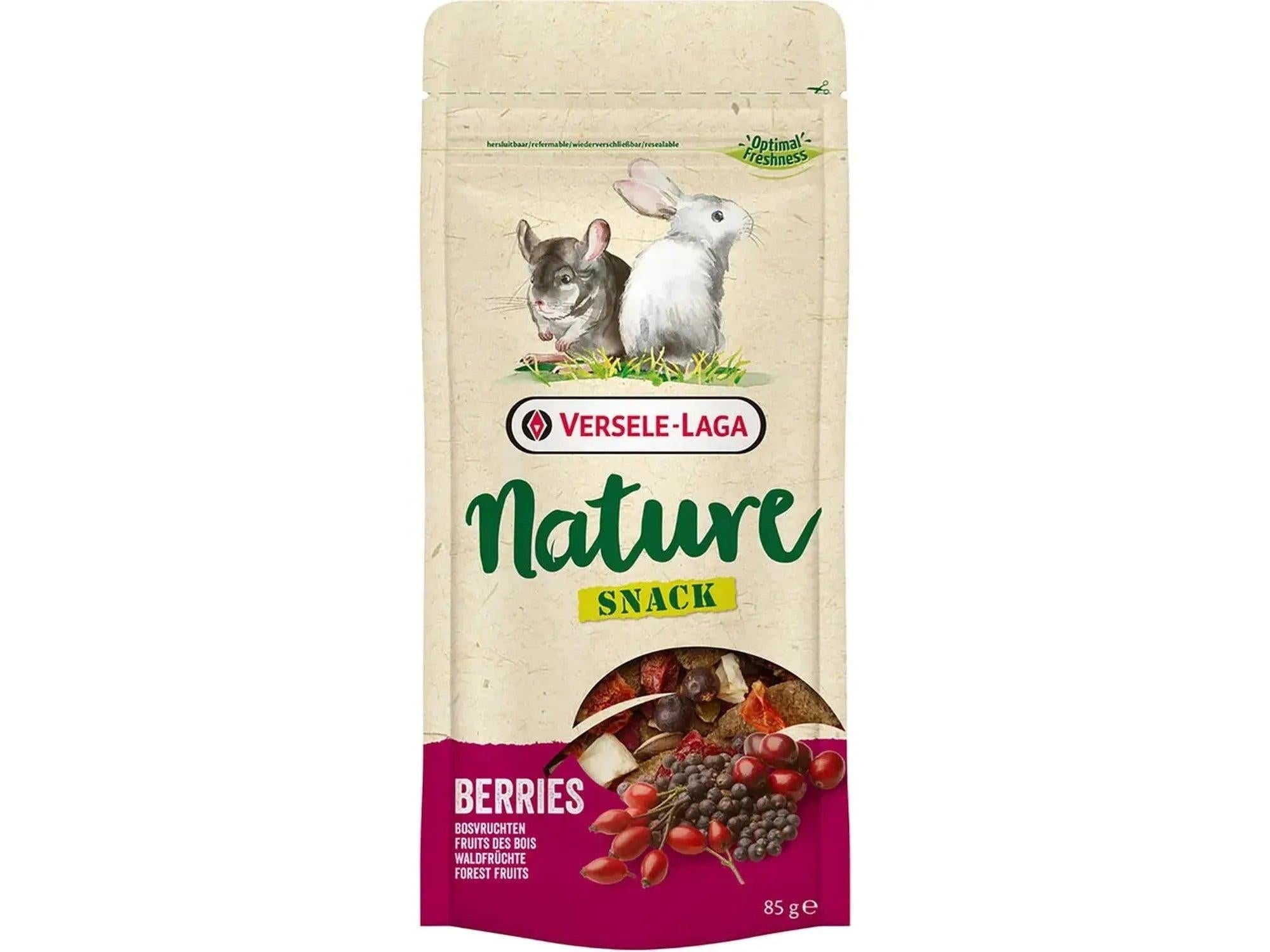 Nature Snack Berries 85g pose med chinchillaer, bær og frukt på en hvit bakgrunn.