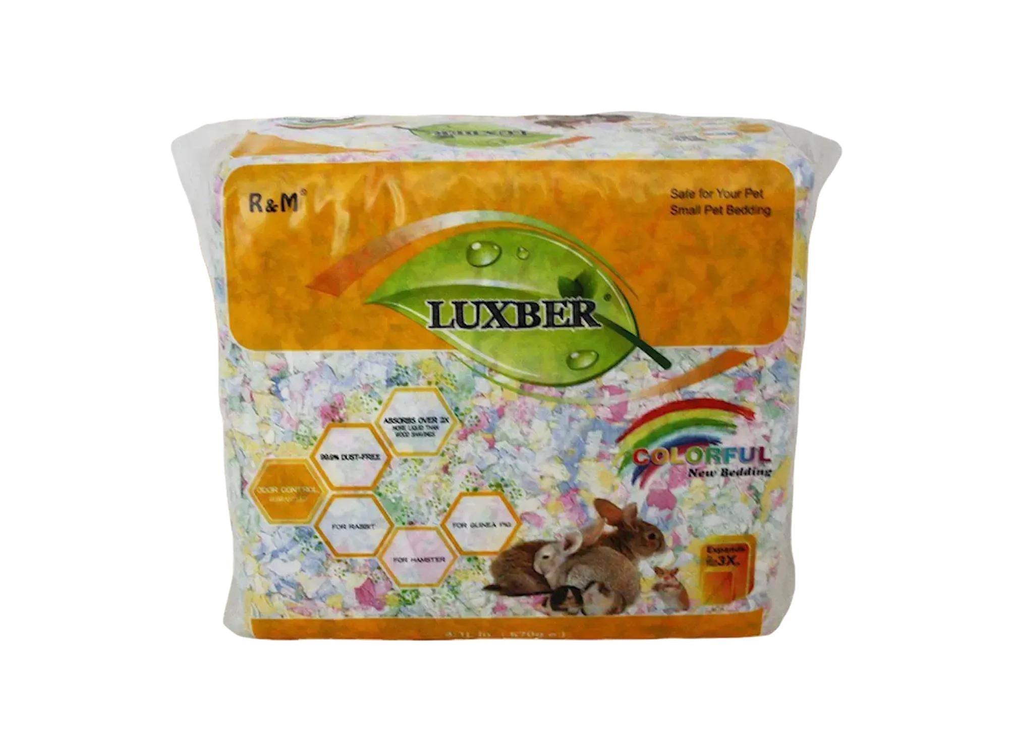 Luxber fargerikt papirstrø for smådyr, 4,1 l / 570 g, med kaniner og hamstere på pakken.