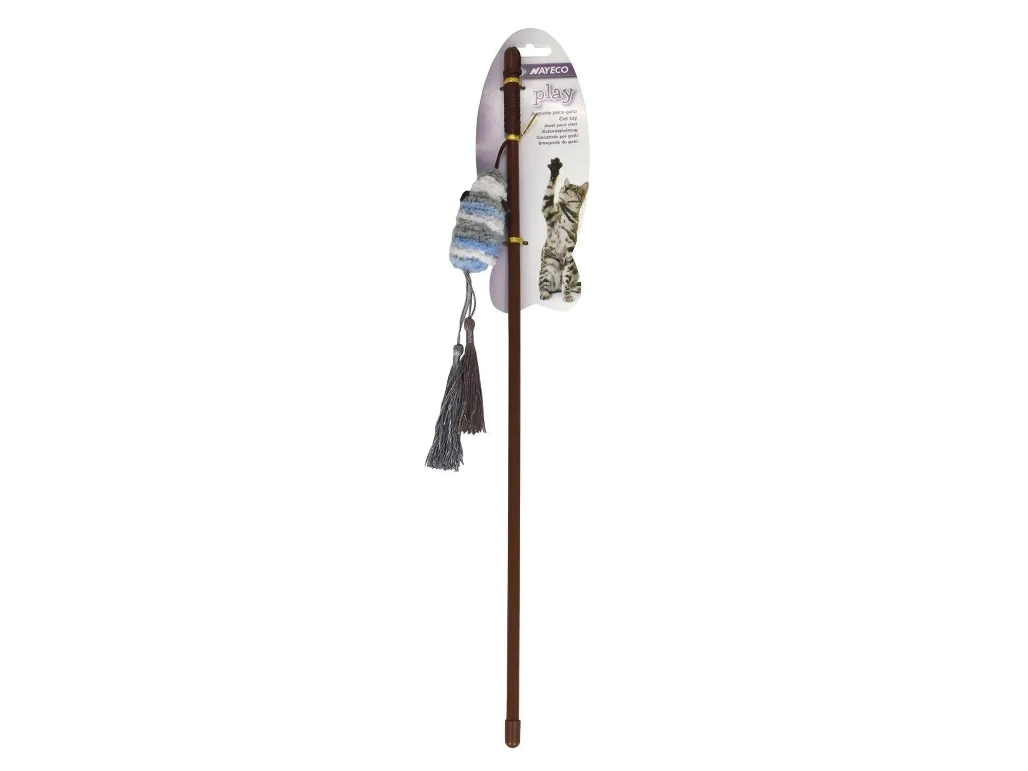Nayeco Play katteleke fiskestang med en stripete mus og grå dusker, 45 cm lang.