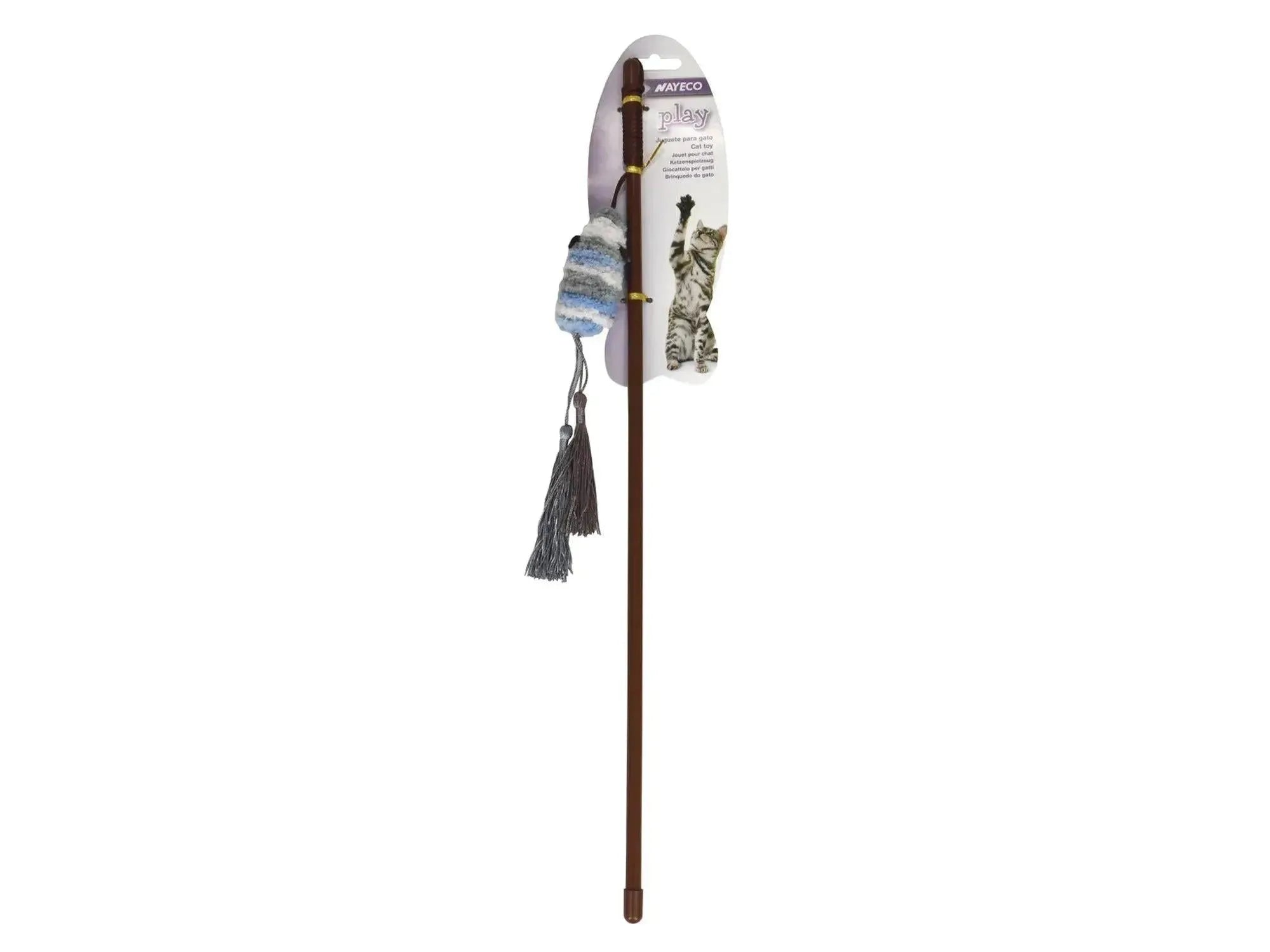 Nayeco Play katteleke fiskestang med en stripete mus og grå dusker, 45 cm lang.
