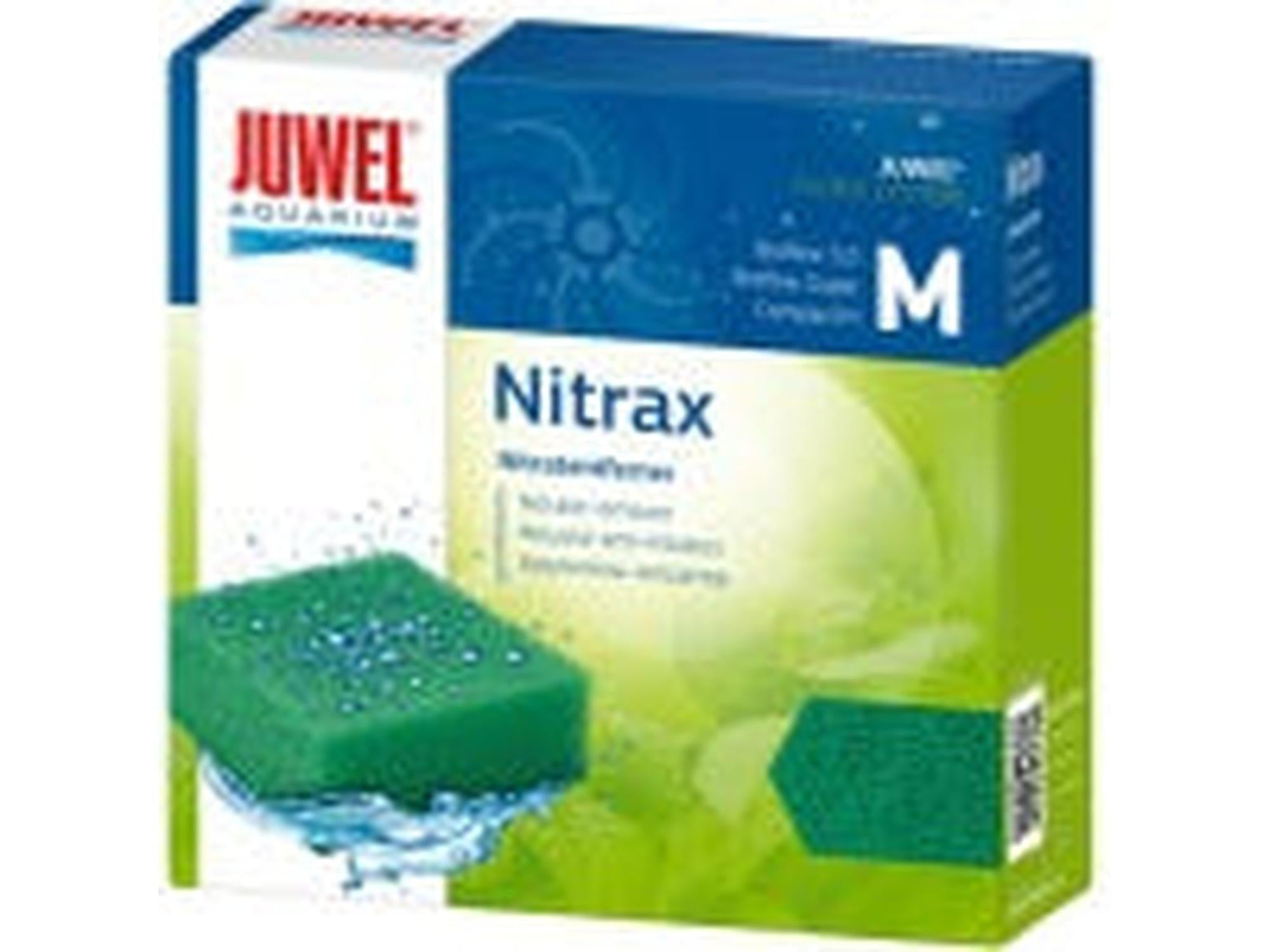 Juwel Nitrax filtermedium i størrelse M, en grønn, firkantet filtersvamp med blå og hvit emballasje.