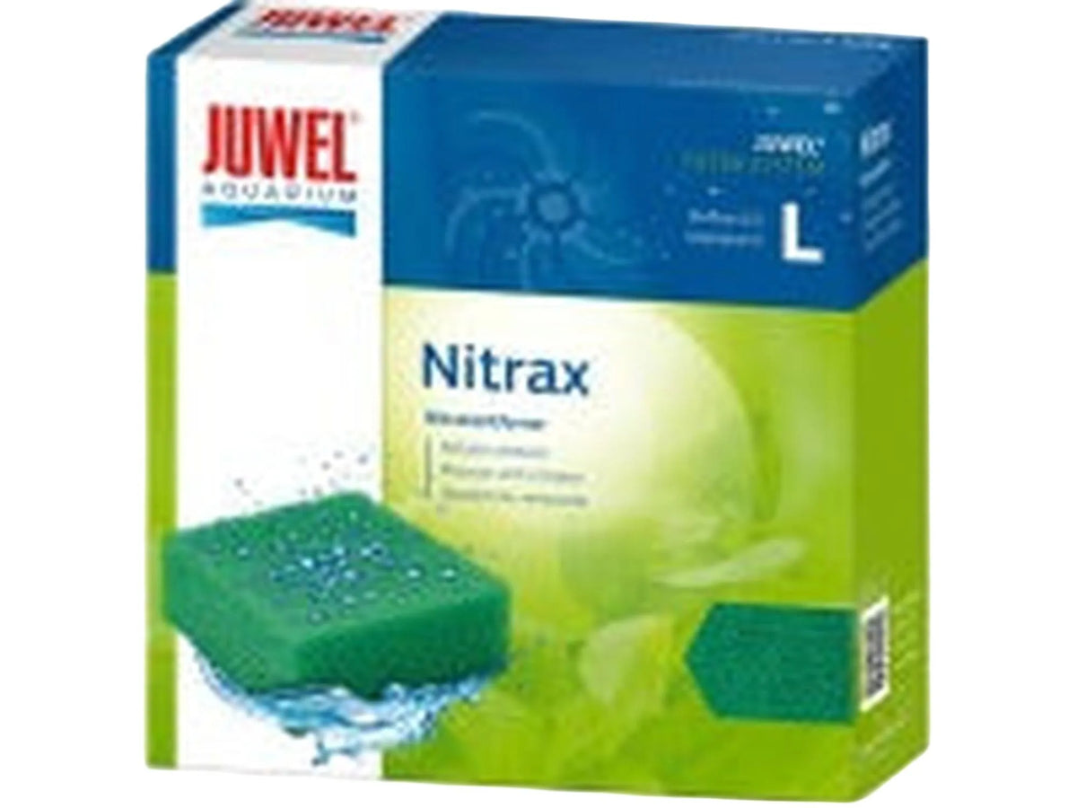 Juwel Nitrax L filtermedium i grønn og blå eske med grønn filtersvamp.