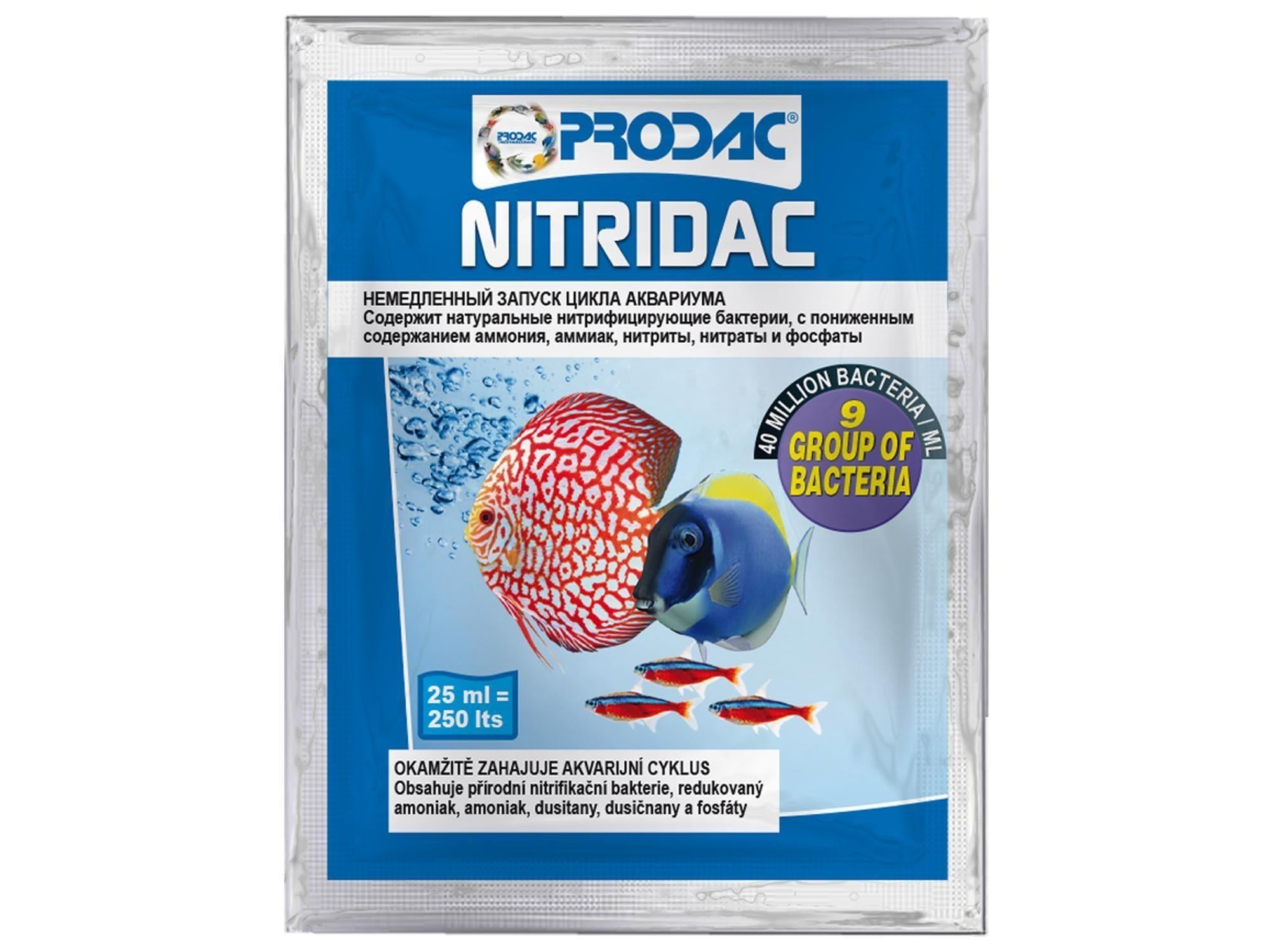 Prodac Nitridac 25ml akvariebehandling i blå pose med fargerike fisker og bakterieinformasjon.