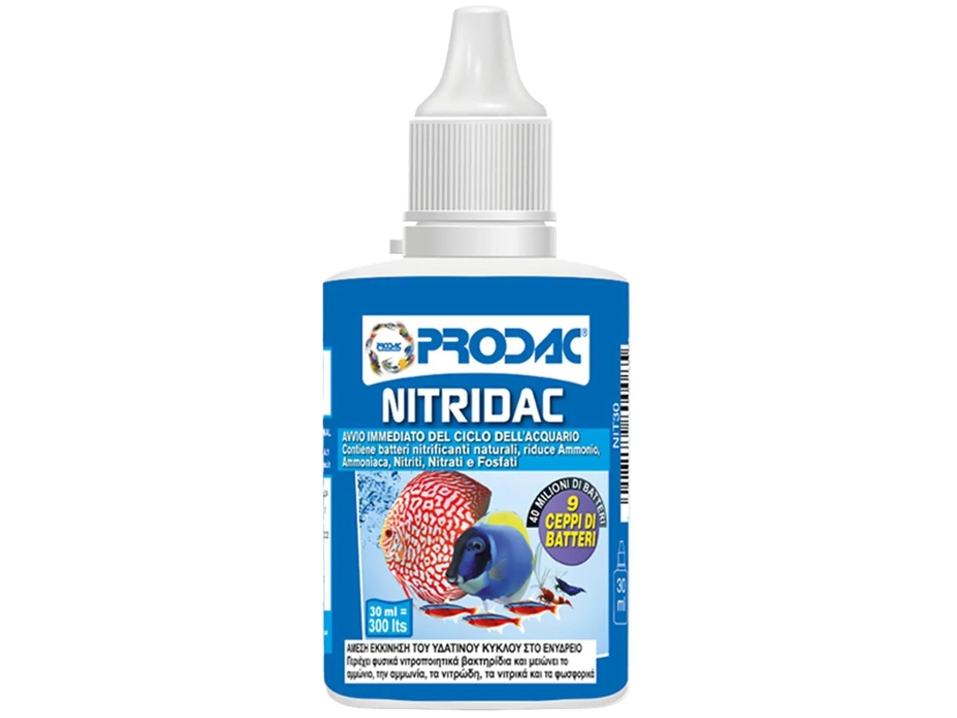 Prodac Nitridac akvarium vannbehandling i blå flaske med hvit skrukork, viser fisk og tekst.