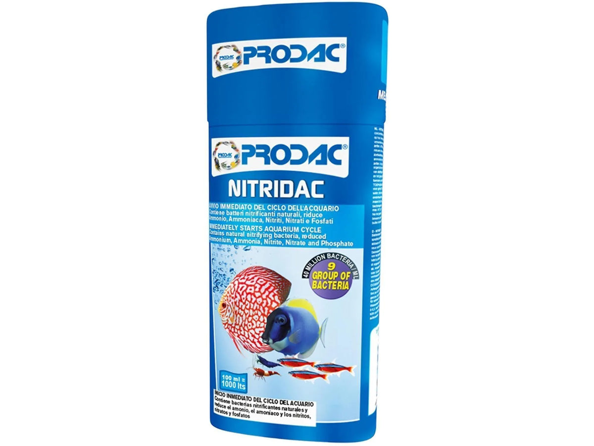Blå Prodac Nitridac akvariebehandling, 100ml flaske med fiskemotiv.
