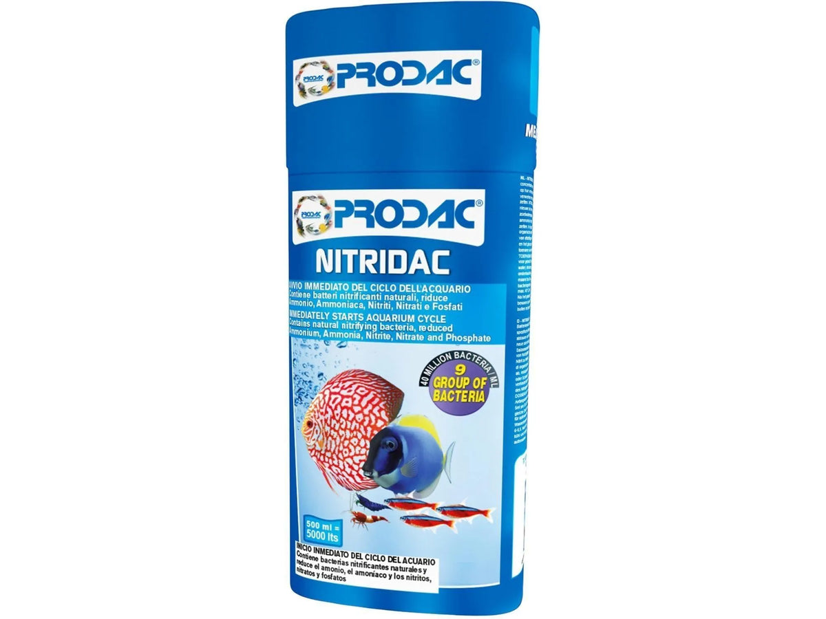 Prodac Nitridac 500ml-5000ml blå flaske for akvarium med fisk og tekst.