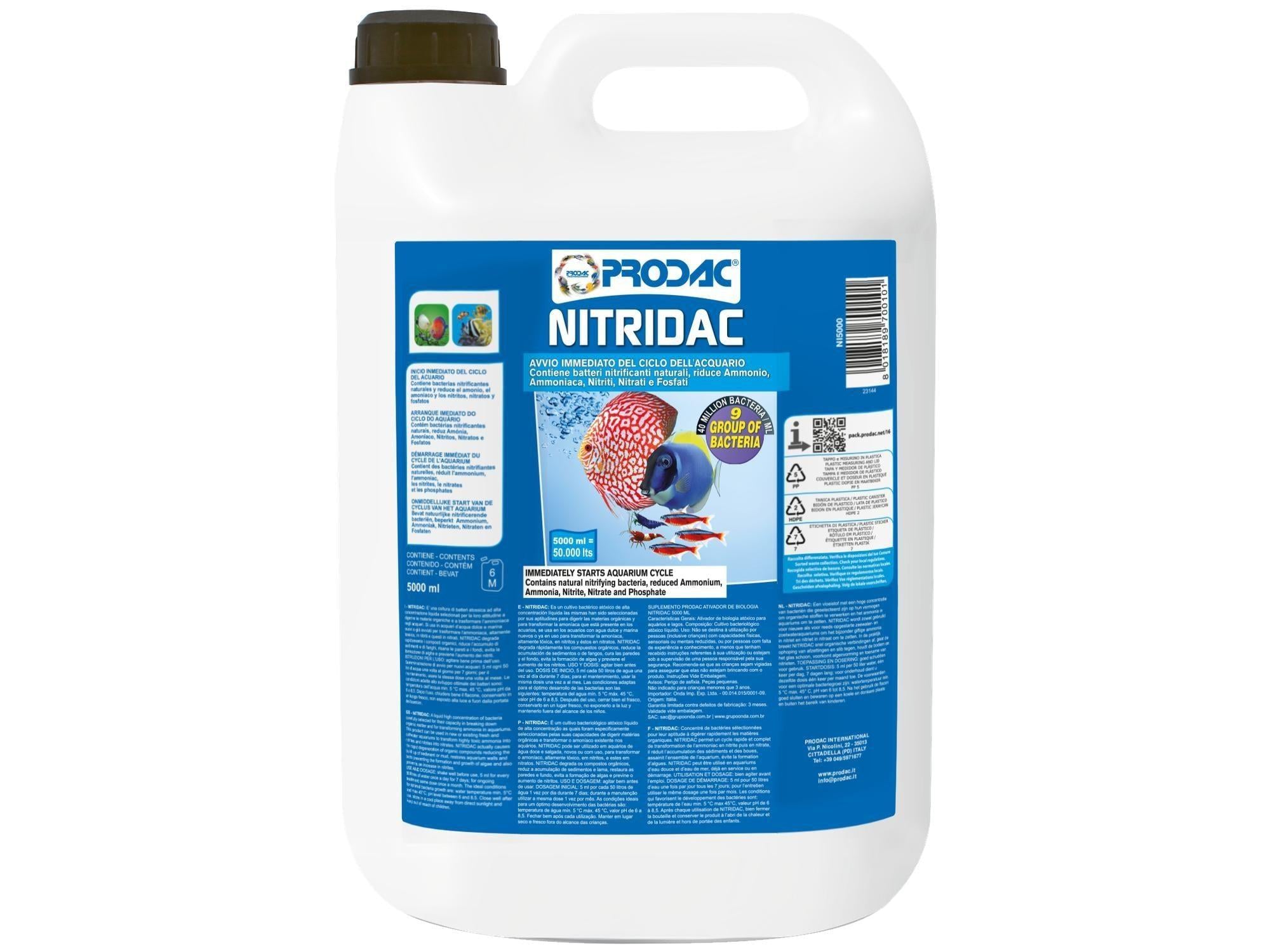 Hvit Prodac Nitridac 5000ml flaske for akvarium, med blå etikett og fiskemotiv.
