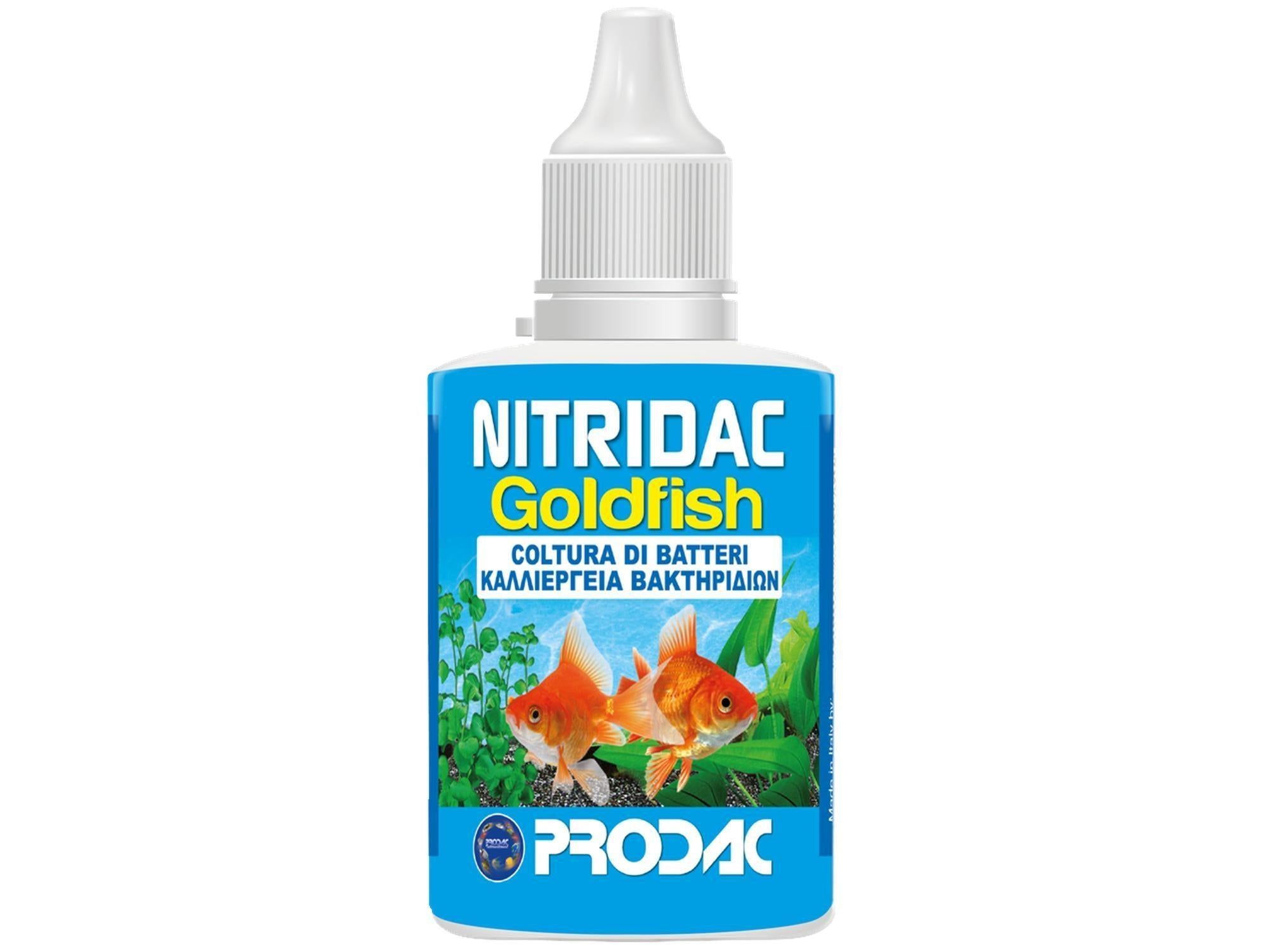 Prodac Nitridac Goldfish 30ml flaske med blå etikett, to gullfisk og grønne vannplanter.