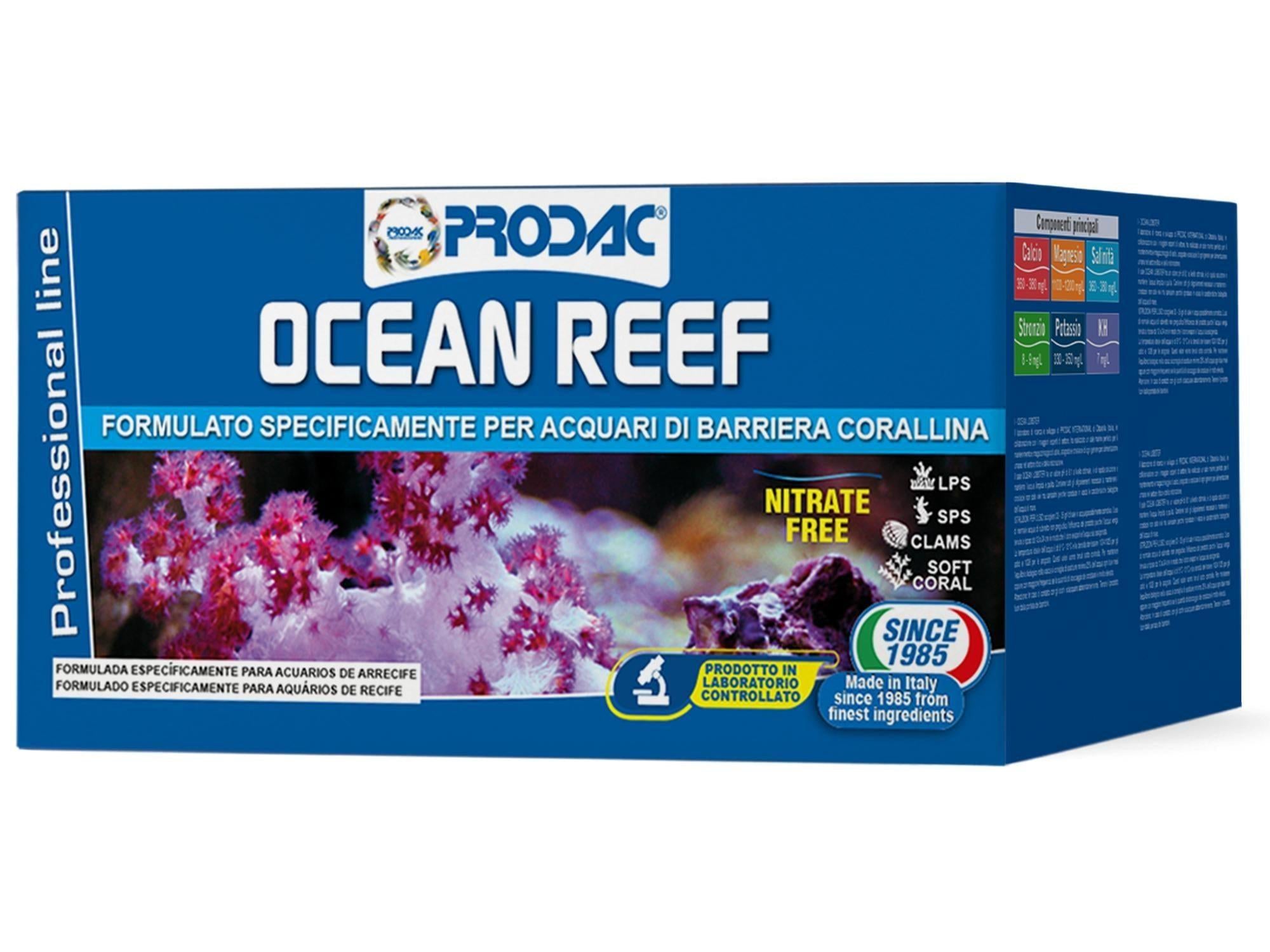 Prodac Ocean Reef syntetisk havsalt for revakvarier, blå pakke med korallbilde.