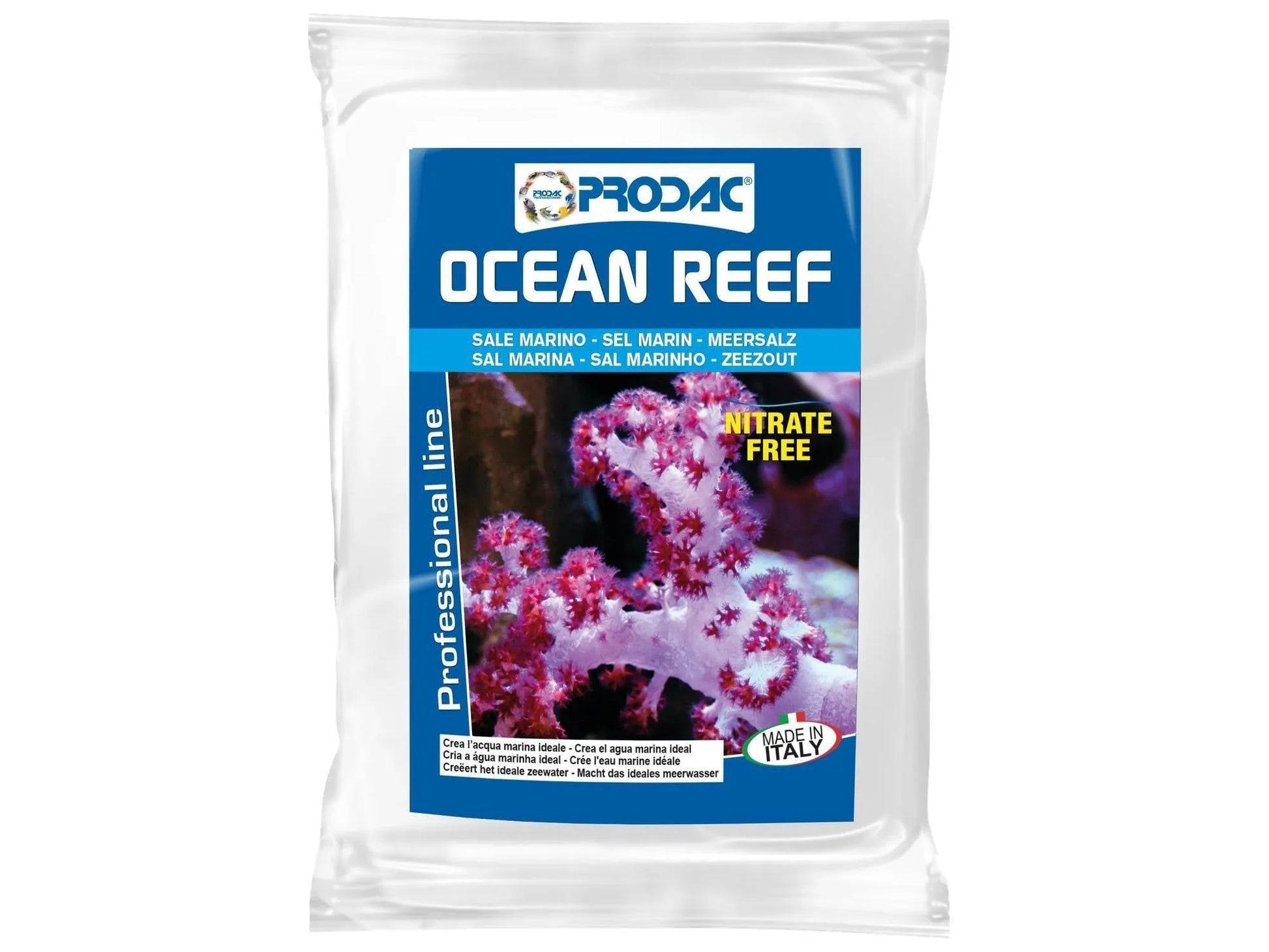Prodac Ocean Reef syntetisk havsalt i hvit pose med blå etikett og bilde av rosa koraller.