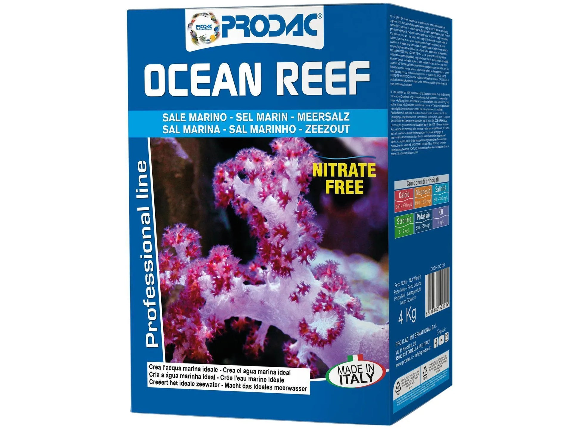 Prodac Ocean Reef 4kg syntetisk havsalt for revakvarier, med korallbilde og "Nitrate Free" merke.