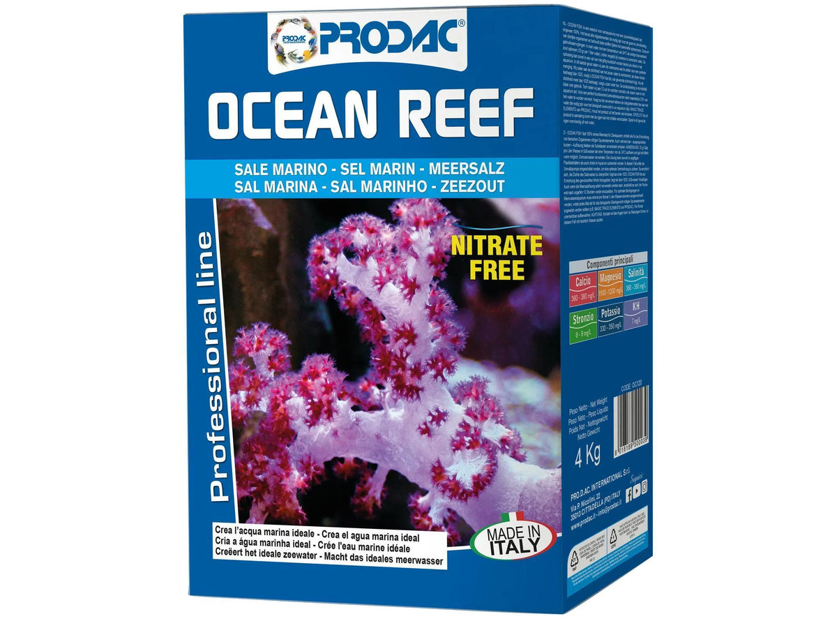 Prodac Ocean Reef 4kg syntetisk havsalt for revakvarier, med korallbilde og "Nitrate Free" merke.
