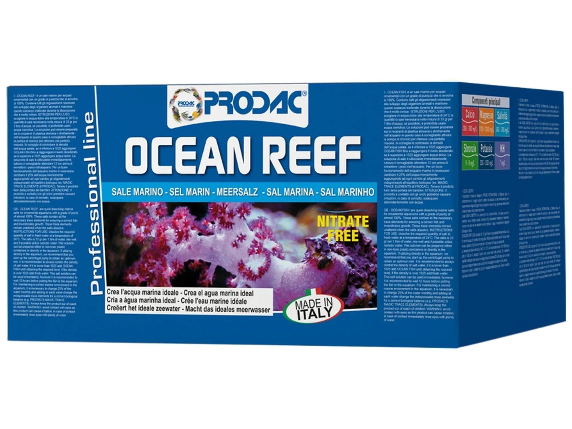 Blå Prodac Ocean Reef havsaltpakke for revakvarier, med korallbilde og "Made in Italy" merke.