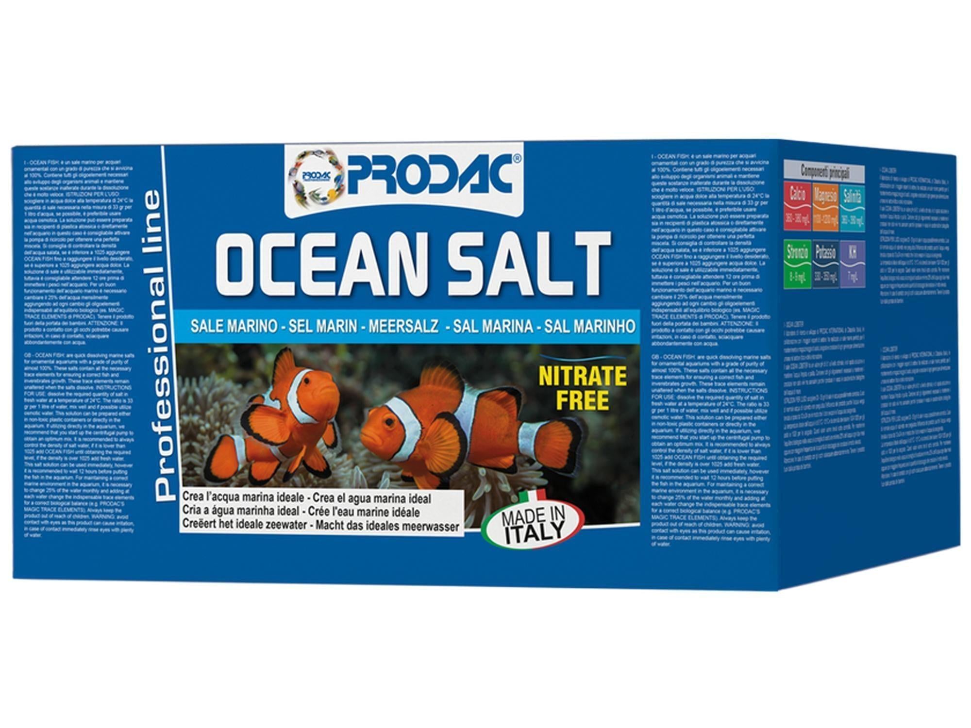 Blå Prodac Ocean Salt eske med klovnefisk og "Nitrate Free" merking.