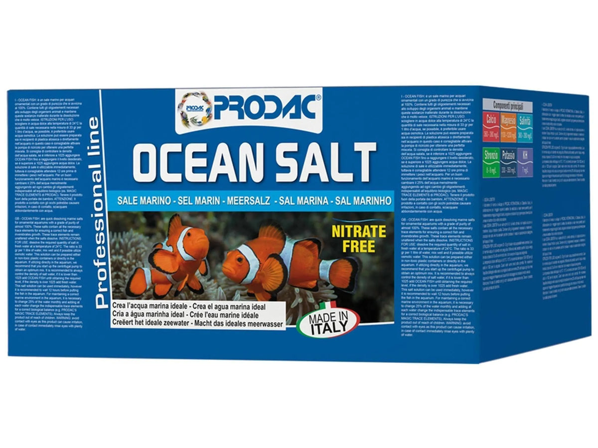 Blå Prodac Ocean Salt eske med klovnefisk og "Nitrate Free" merking.