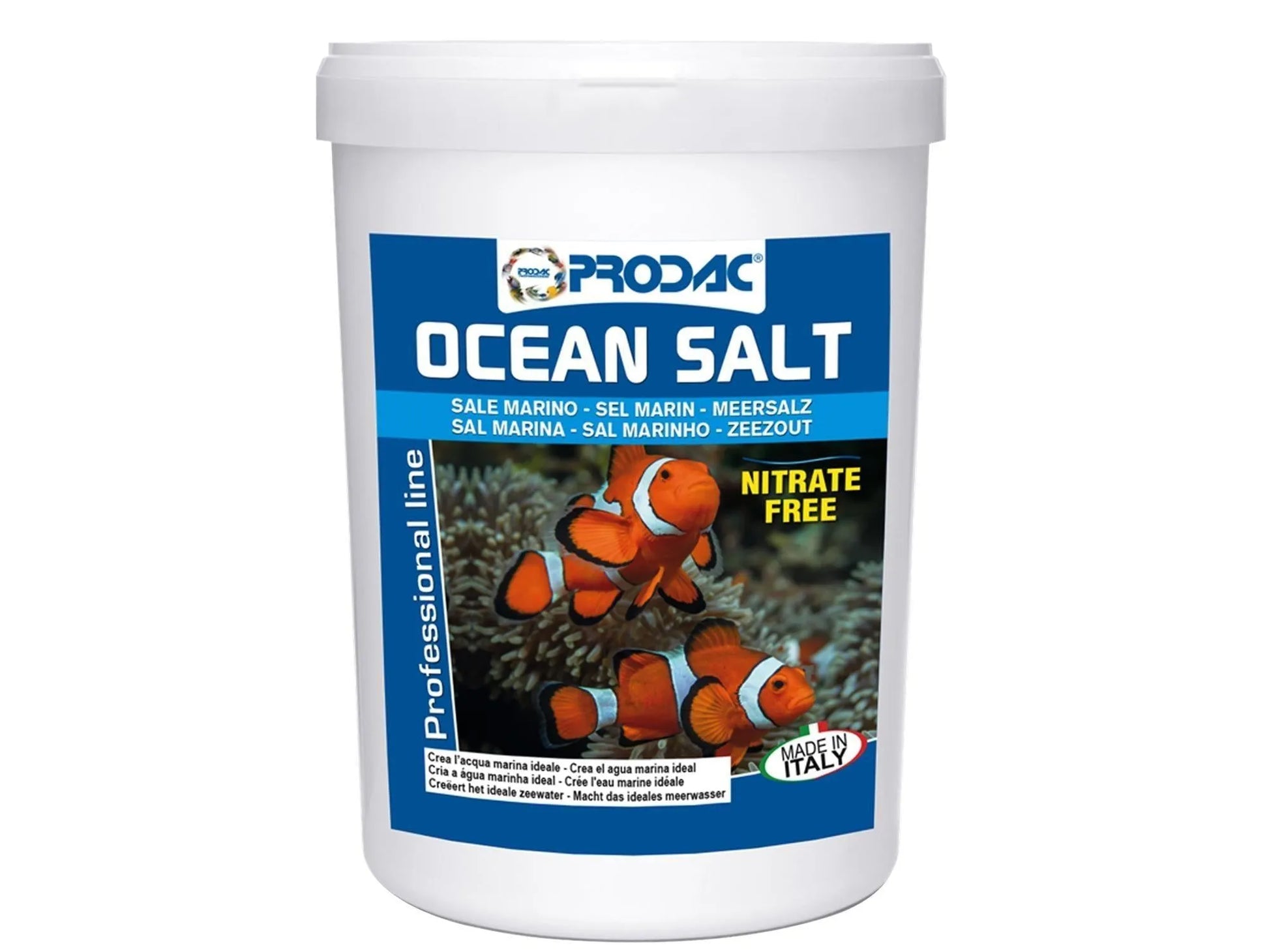 Hvit Prodac Ocean Salt bøtte med blå etikett som viser klovnefisk og koraller.