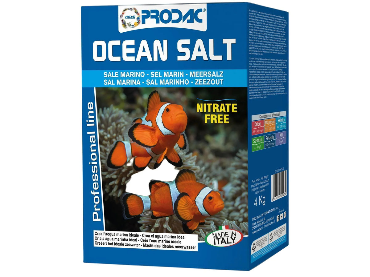 Prodac Ocean Salt 4kg pakke med klovnefisk, blå og hvit design, "Nitrate Free" merke.