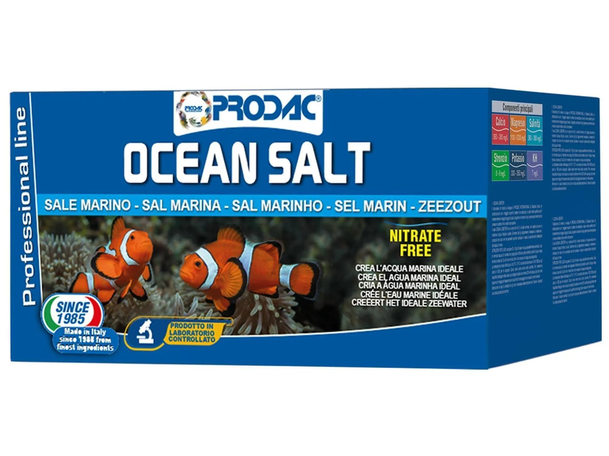 Blå og hvit Prodac Ocean Salt-pakke med klovnefisk, "Nitrate Free" og "Professional line" tekst.