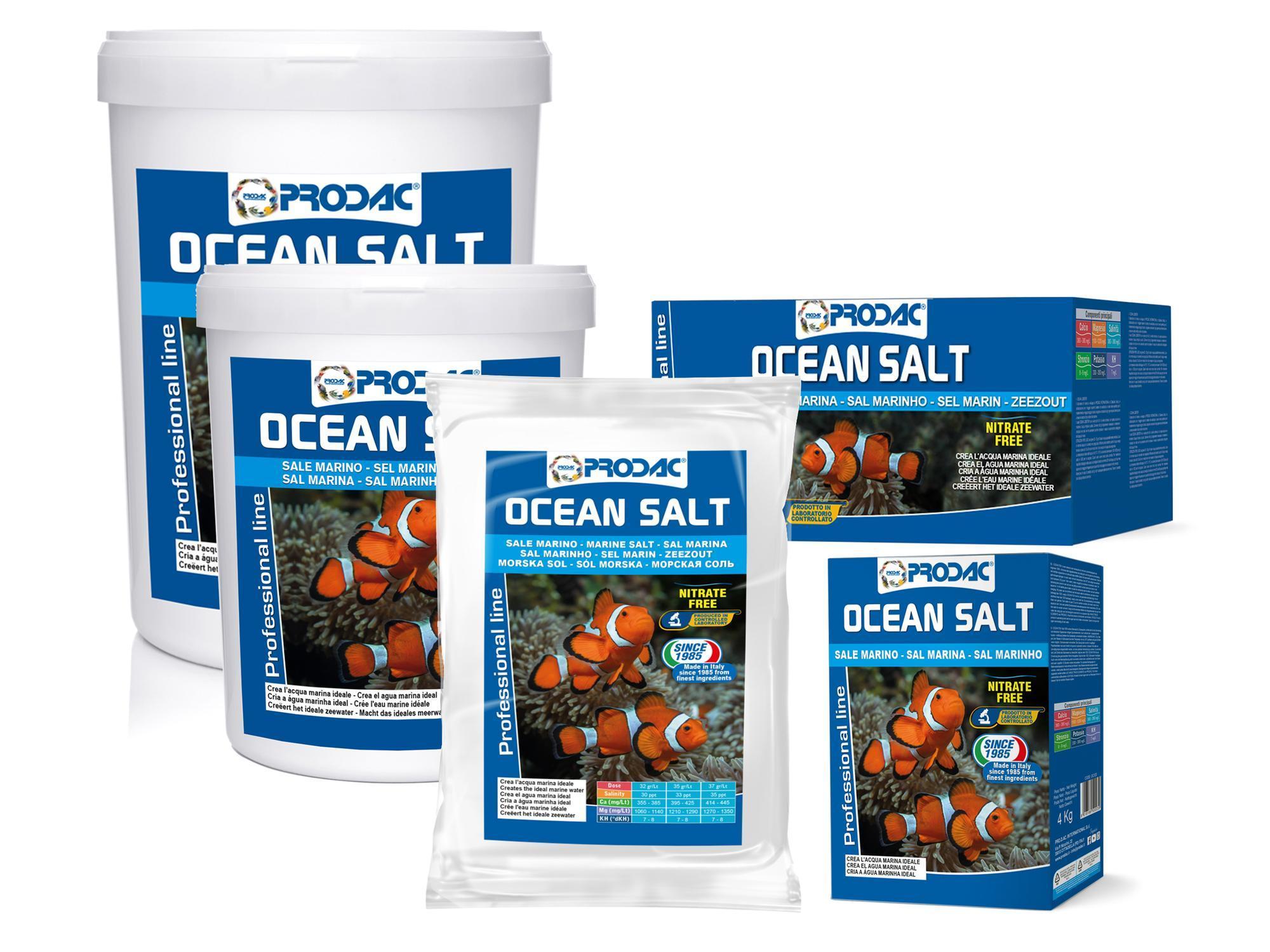 Prodac Ocean Salt for marine akvarier i ulike hvite beholdere og poser med klovnefisk-design.