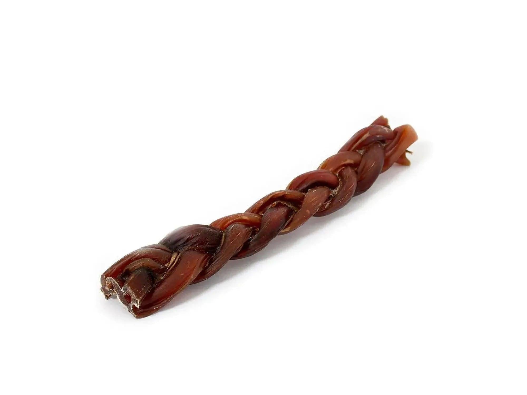 Flettet, mørkebrun oksemuskel tyggesnacks for hund, ca. 25 cm lang.