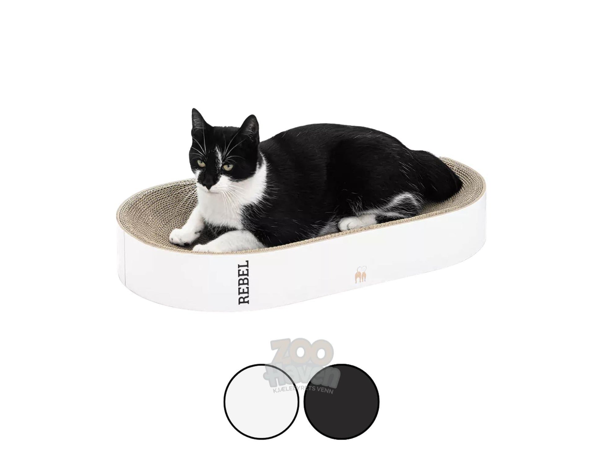 Svart-hvit katt hviler på en hvit og bølgepapp Oliver 61 klorekurv med "REBEL" trykk.