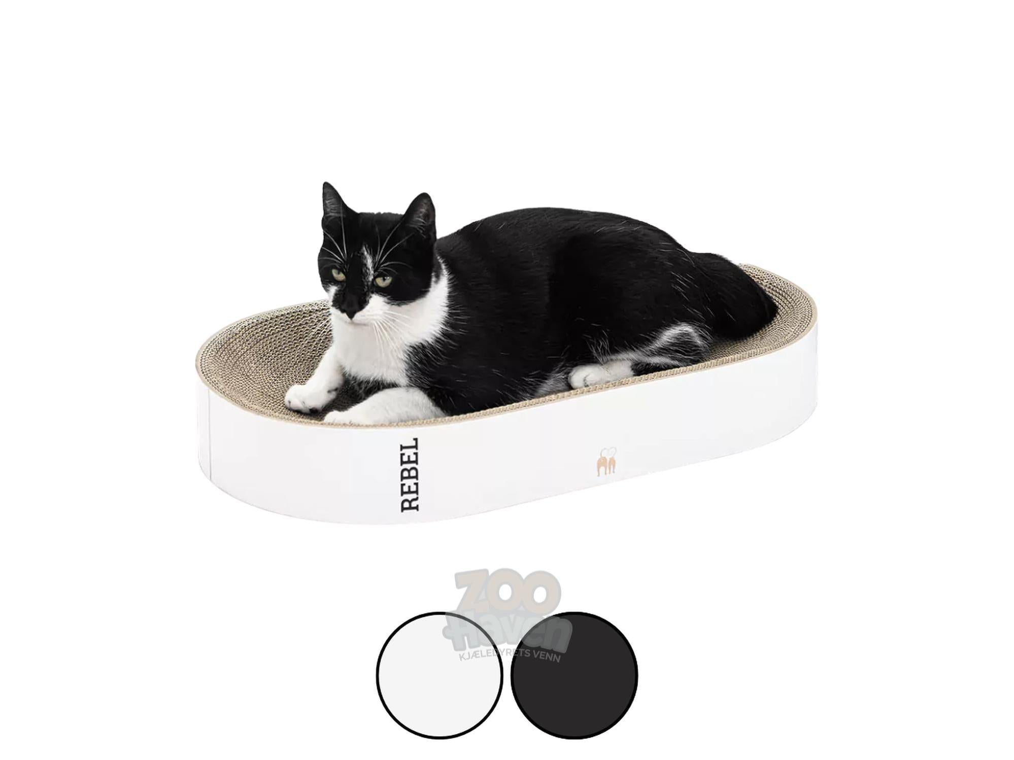 Svart-hvit katt hviler på en hvit og bølgepapp Oliver 61 klorekurv med "REBEL" trykk.
