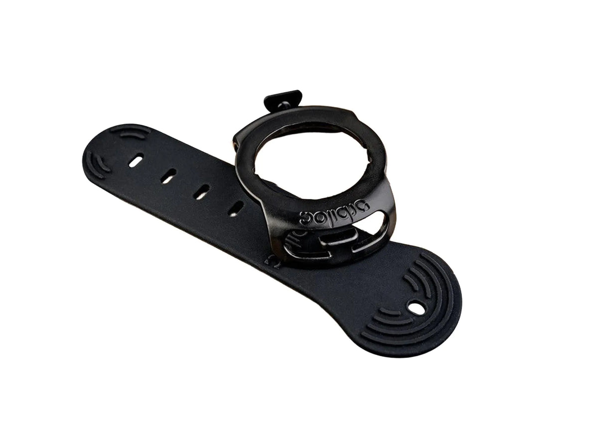 Svart Orbiloc Quick Mount stropp for sikkerhetslys, med justerbar gummirem og feste.