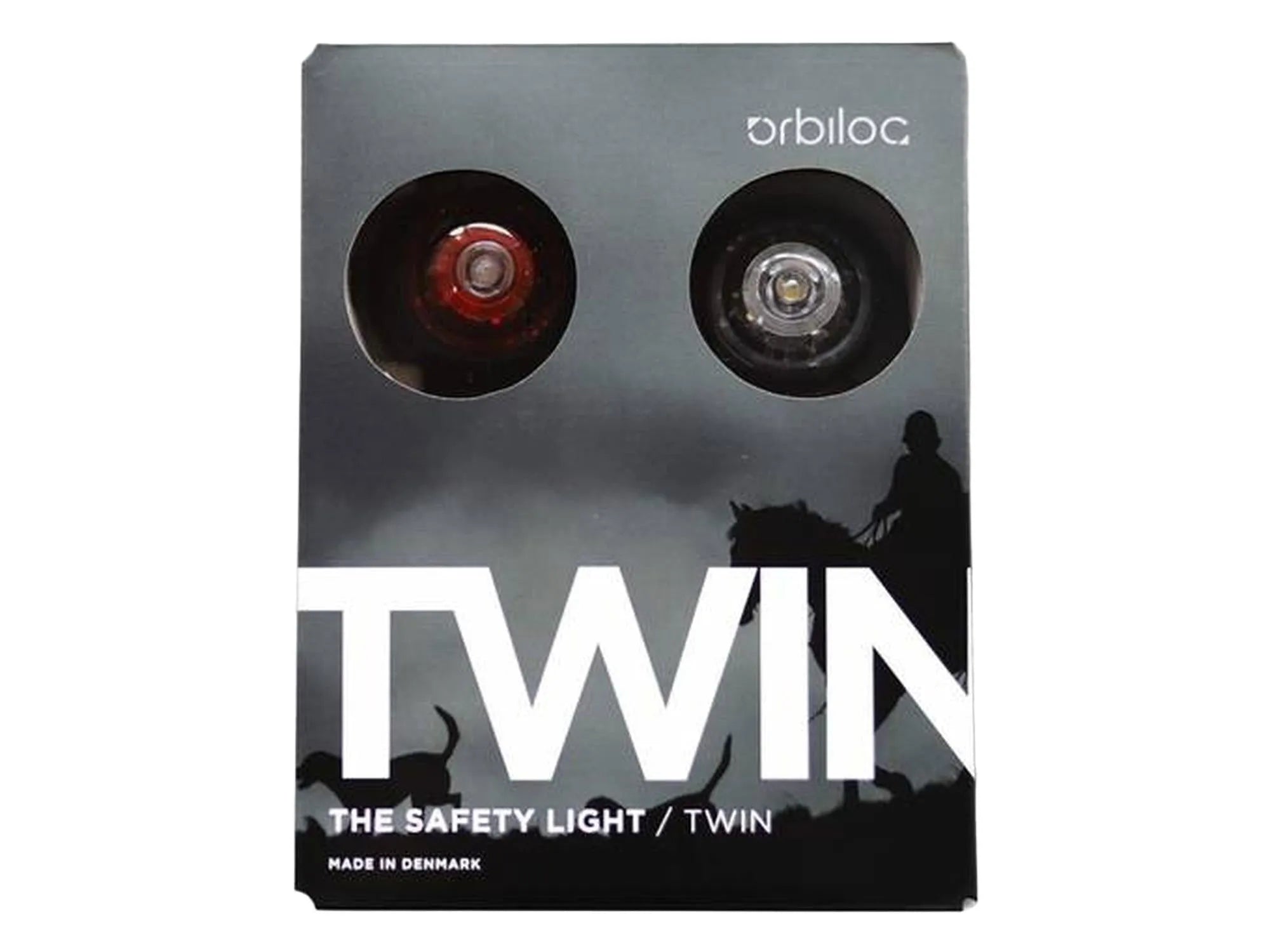 Orbiloc Twin Pack med to LED sikkerhetslys: ett rødt og ett hvitt, i mørk grå emballasje.