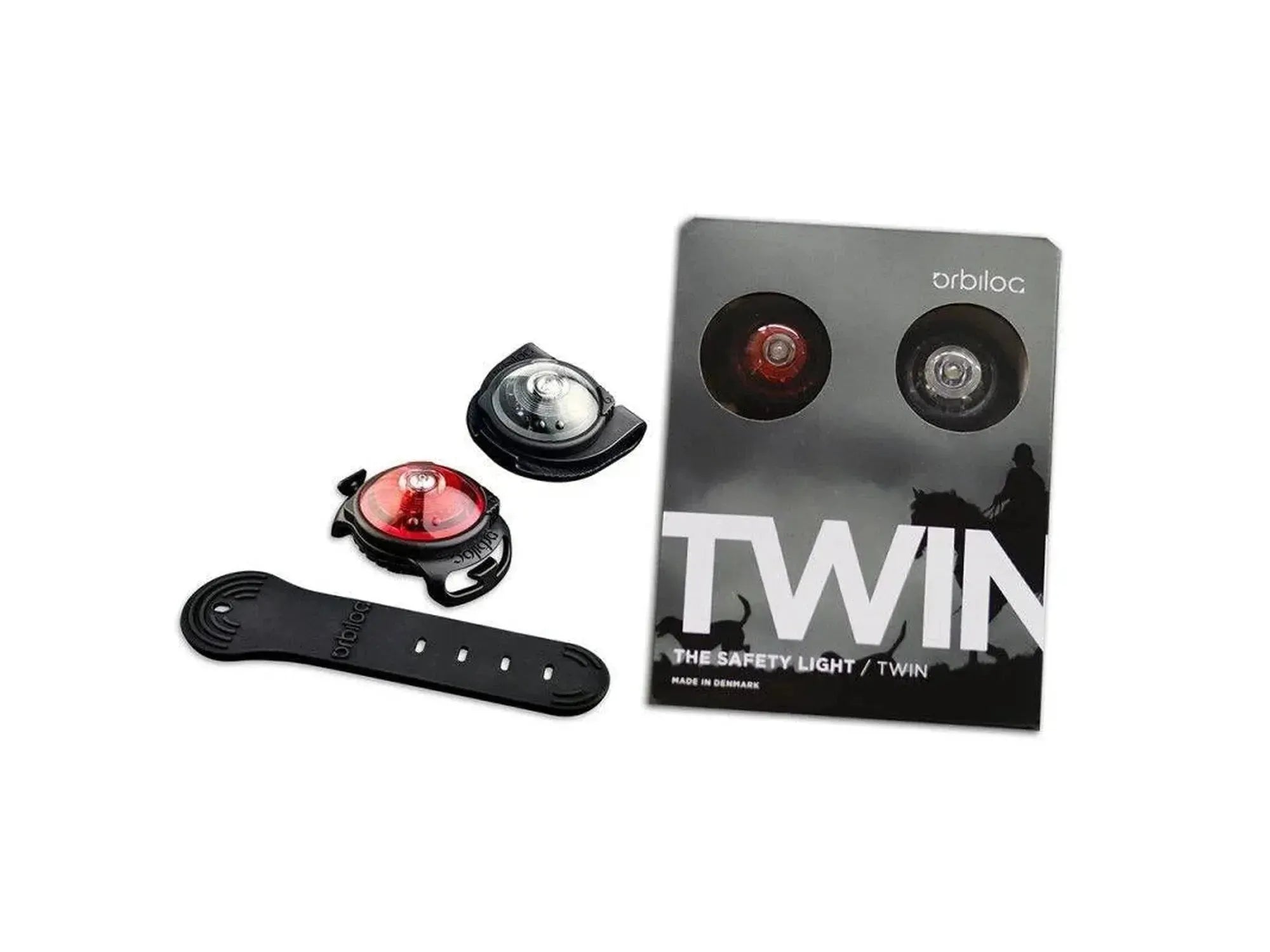 Orbiloc Twin Pack med to LED sikkerhetslys, ett rødt og ett hvitt, samt festeløsninger.