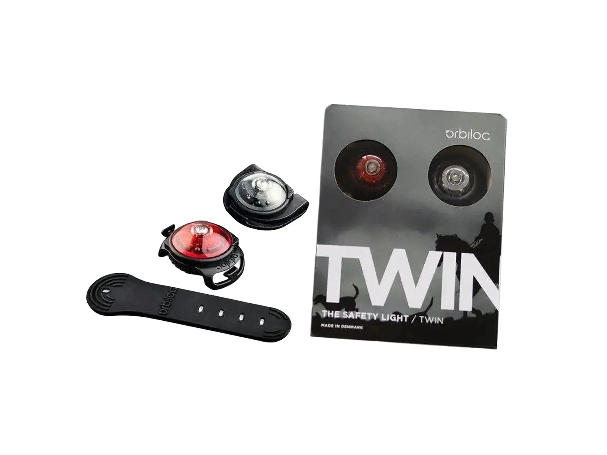 Orbiloc Twin Pack med to LED sikkerhetslys, ett rødt og ett hvitt, samt festeløsninger.