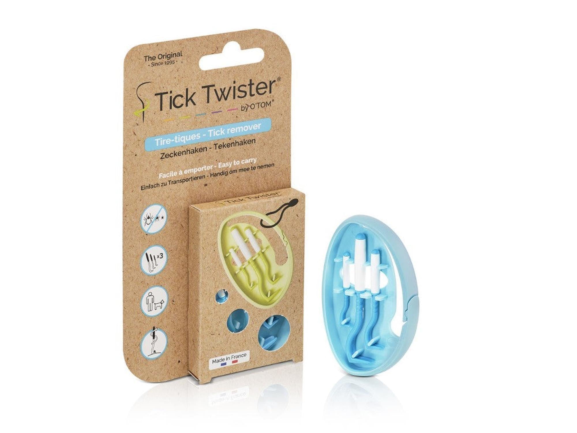 Otom Tick Twister flåttfjerner 3 pk i blått og grønt, med to flåttfjernere i et åpent etui.