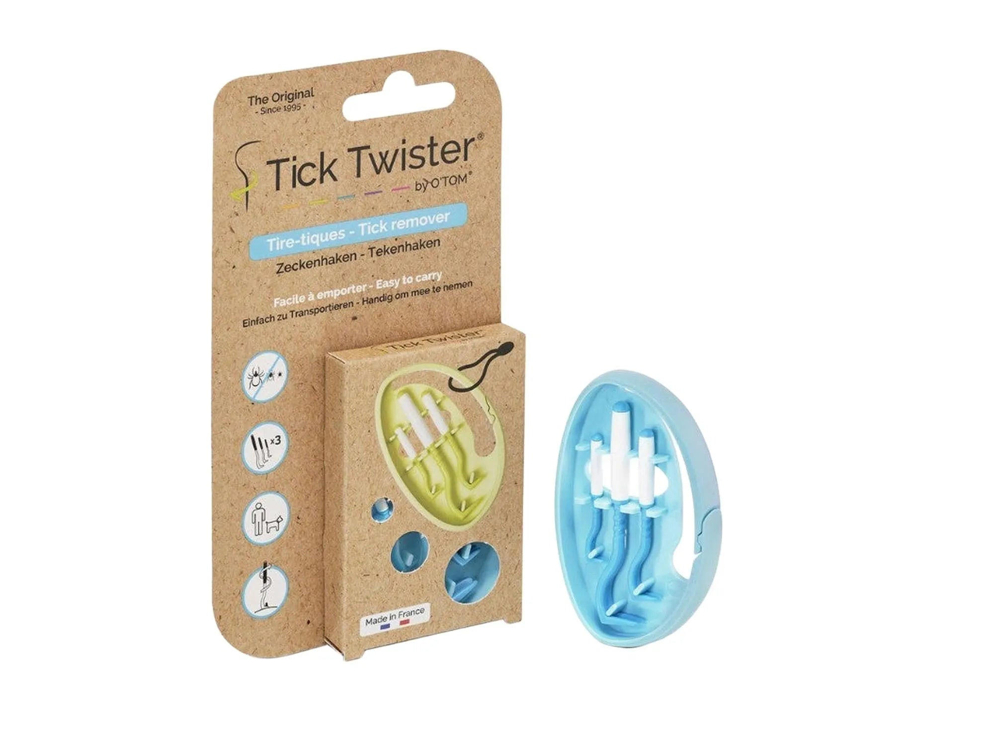 Otom Tick Twister flåttfjerner 3 pk i blått og grønt, med to flåttfjernere i et åpent etui.