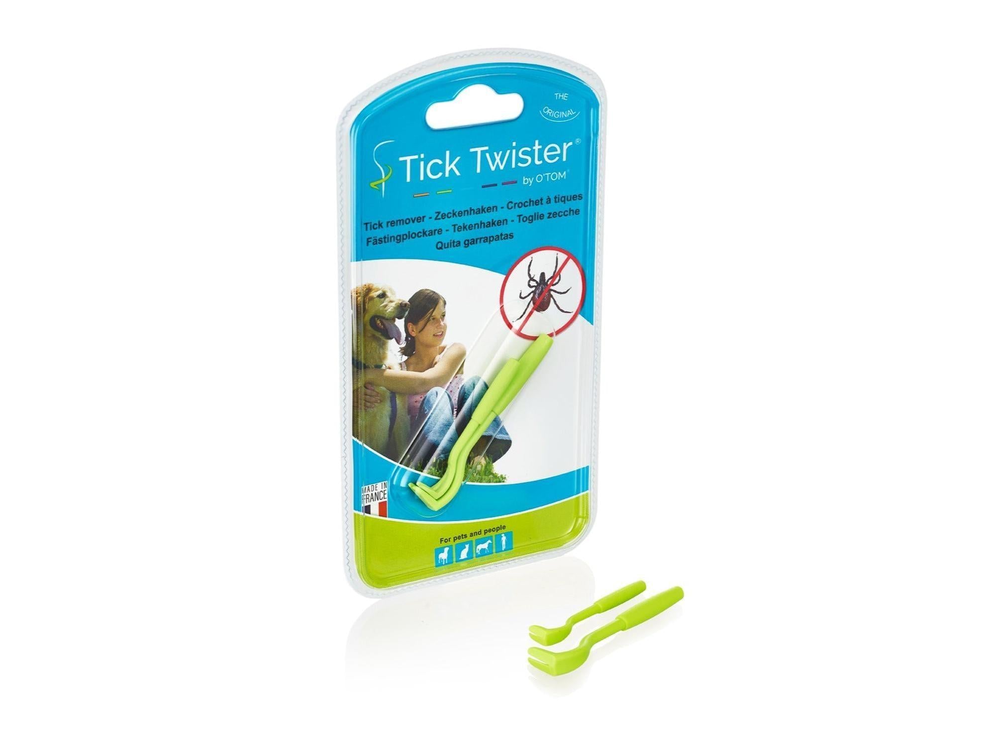 Otom Tick Twister flåttfjerner sett med to grønne, krokformede verktøy for hund og katt.