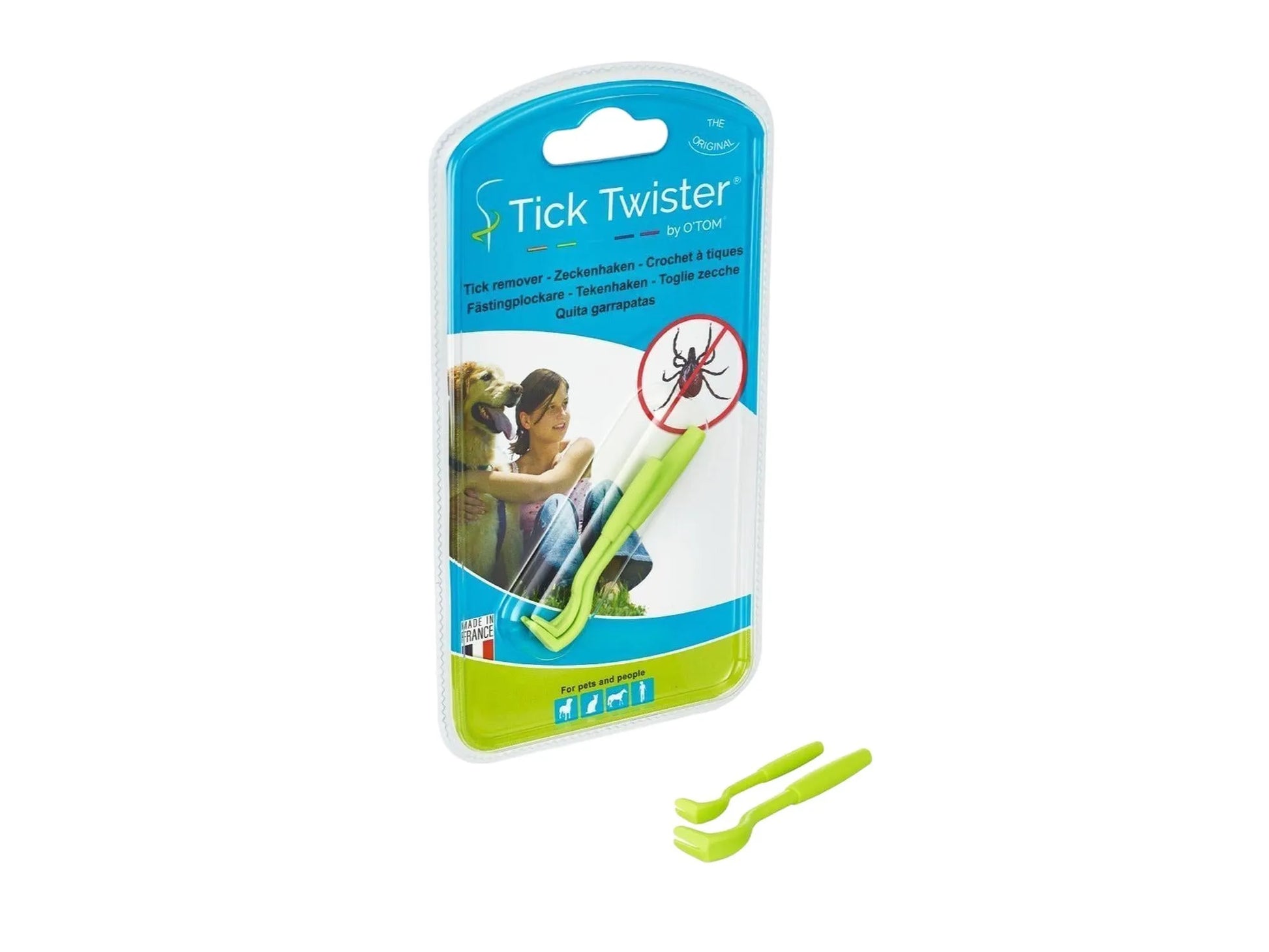 Otom Tick Twister flåttfjerner sett med to grønne, krokformede verktøy for hund og katt.